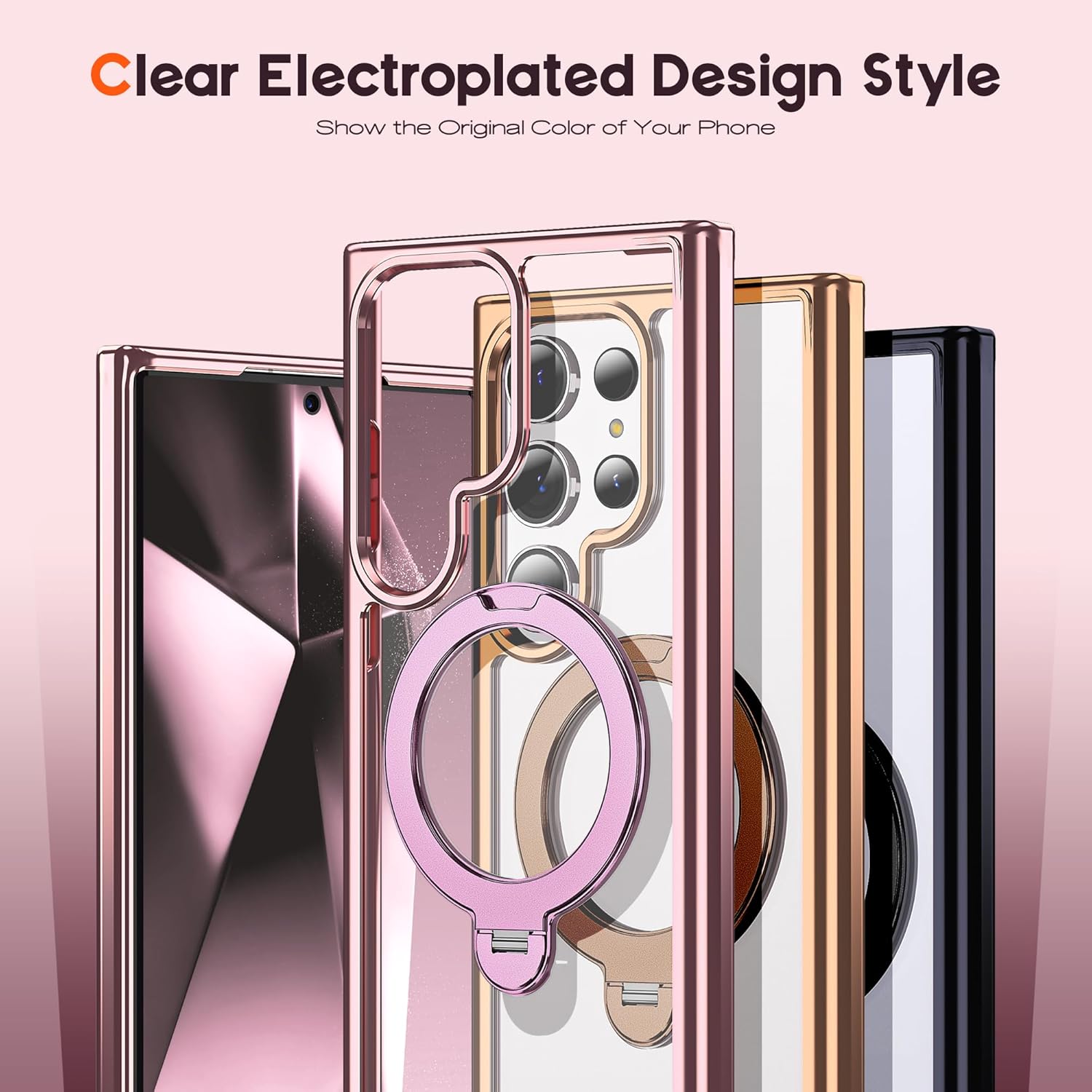 Compatible with Samsung Galaxy S24 Ultra Case with 360° Rotatable Invisible Ring Stand, Compatible with Mag-Safe, Great Grip Feeling Plating Clear Phone Case for Women Men, Rose Gold