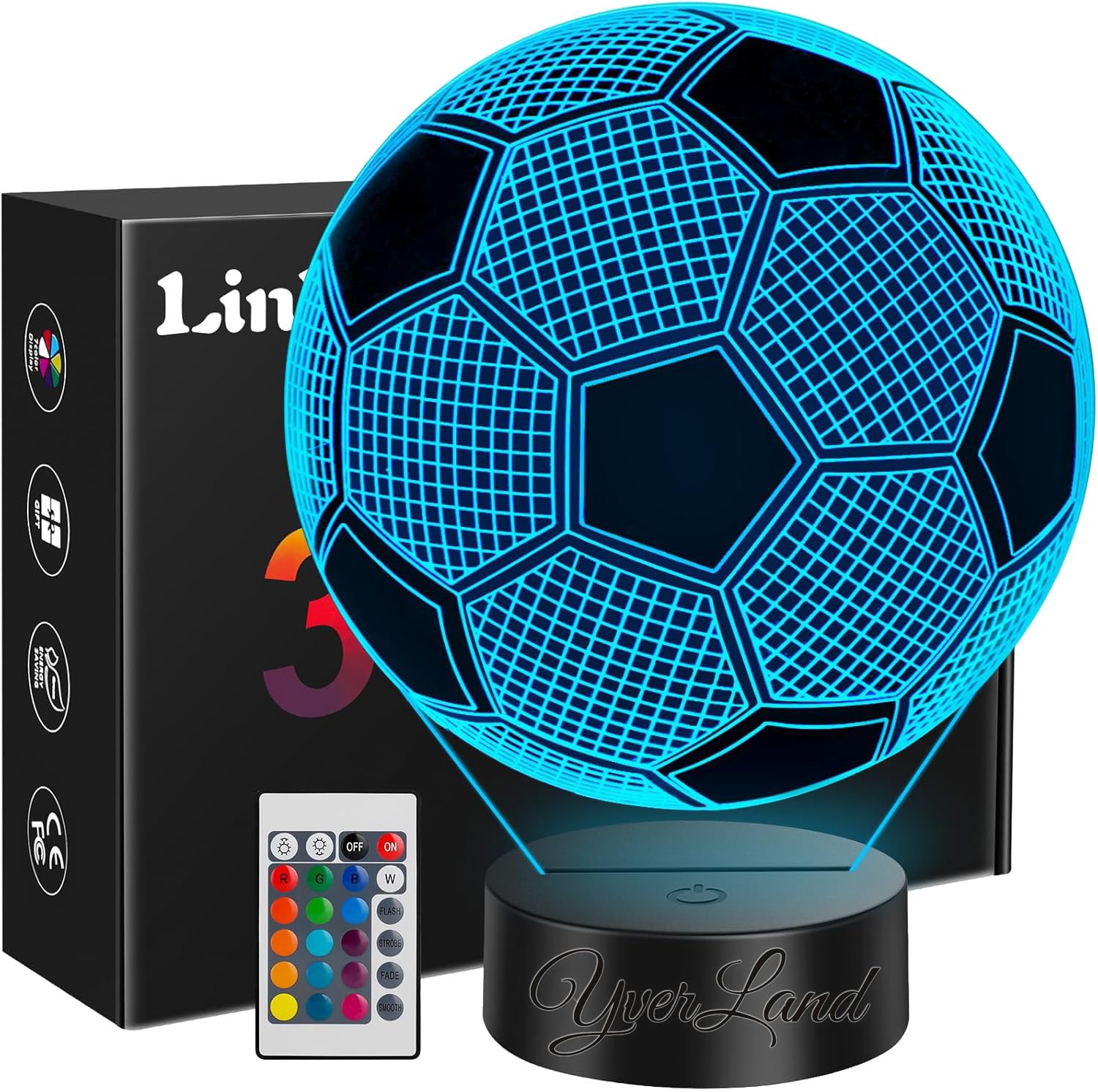 YverLand Fußball LED Lampe 16 Farben mit Fernbedienung Sport Dekoration für Schlafzimmer Schreibtisch Geschenk Kommunion Geburtstag König (1 Fußball)