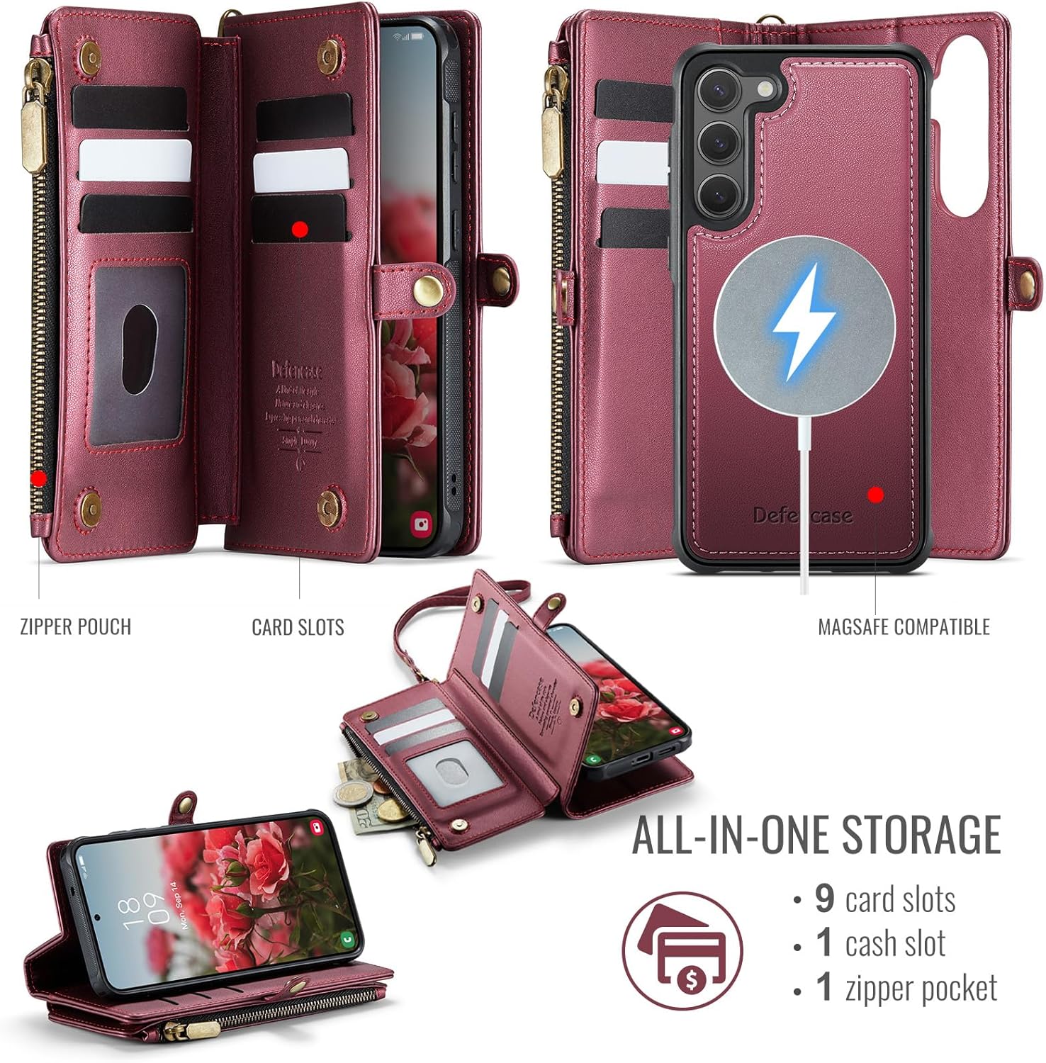 Defencase for Galaxy S23 Magnetic Wallet Case Compatible with Magsafe with RFID Blocking Zipper & Card Holder for Women Men, PU Leather Detachable Phone Case for Samsung Galaxy S23 5G 6.1", Wine Red