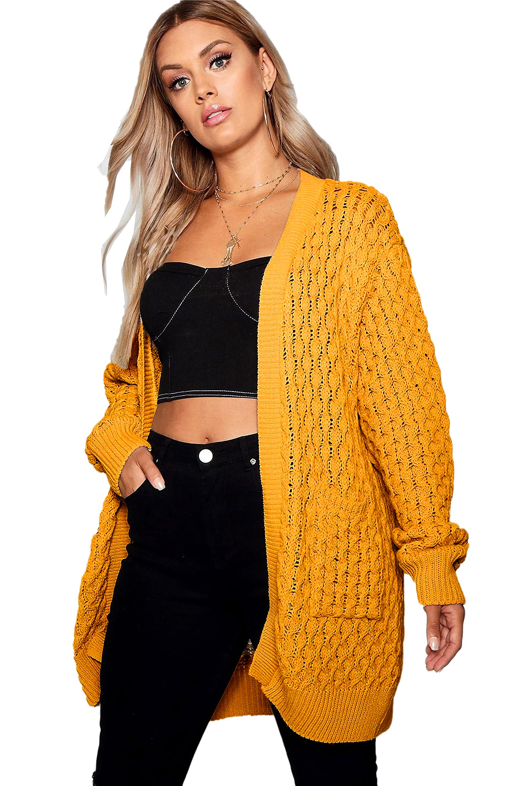 Crazy Girls Womens Crochet Knitted Boyfriend Cardigan, Mustard, SM (UK 8-10)
