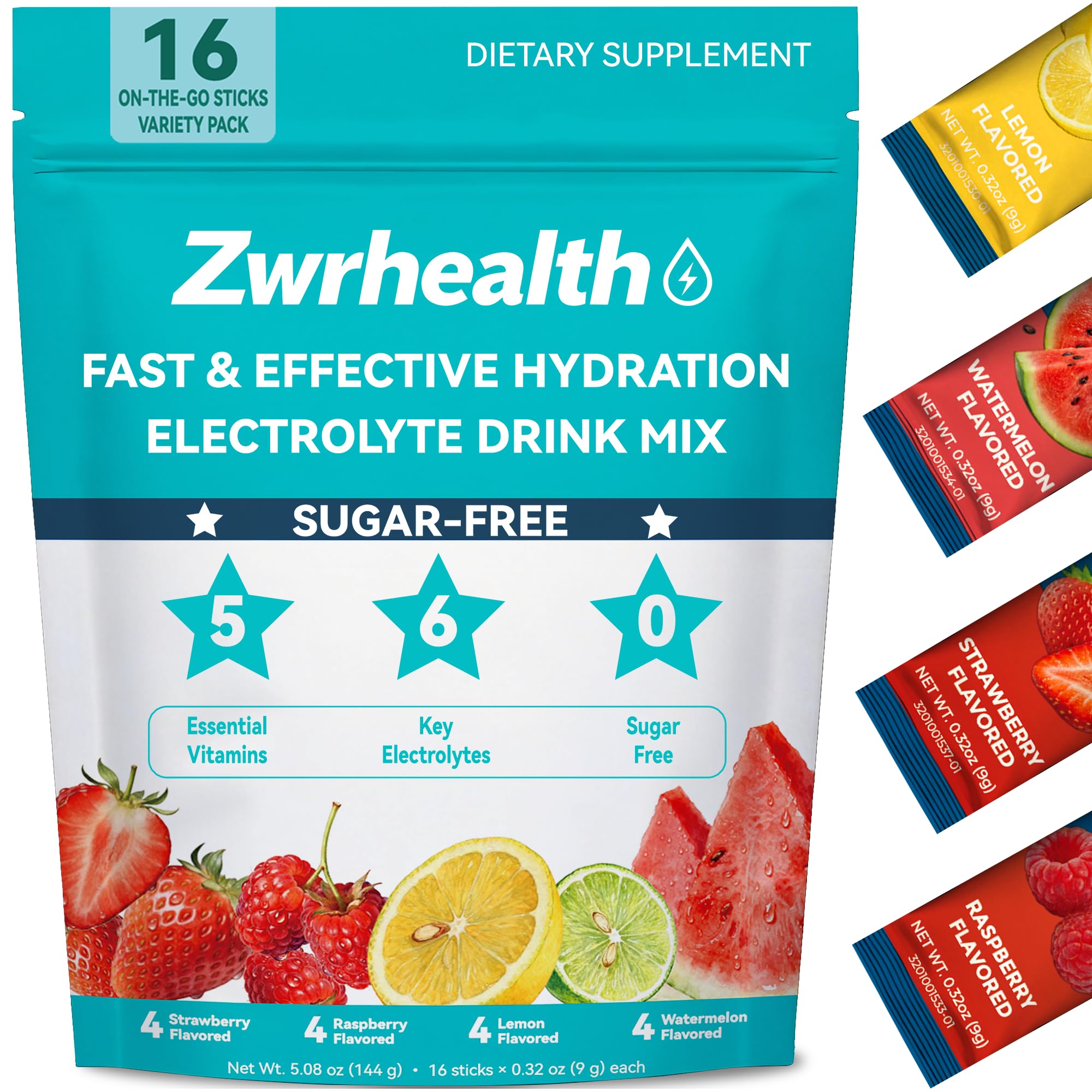 Electrolytes Powder Packets, Sugar Free Hydration Packets, 4 Flavors Liquid Daily IV Electrolyte Drink Mix, Instantly Hydrating & Party Recovery with 6 Electrolytes & 5 Vitamins, 16 Servings