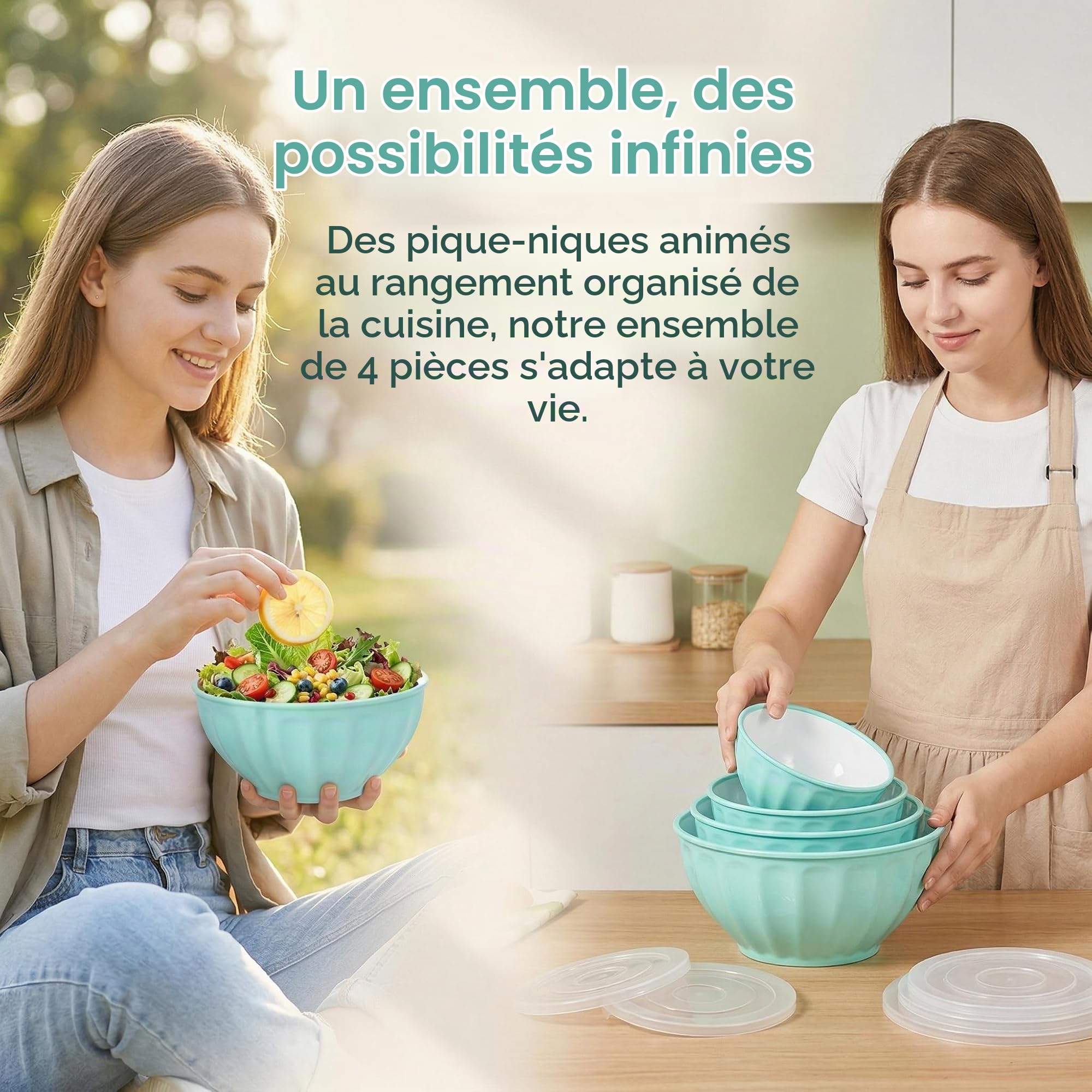 Lot de 4 saladiers en plastique avec couvercle (1,5 l/2,5 l/3,5 l/5,5 l) - Grand bol mélangeur empilable pour le rangement, le camping, la cuisine