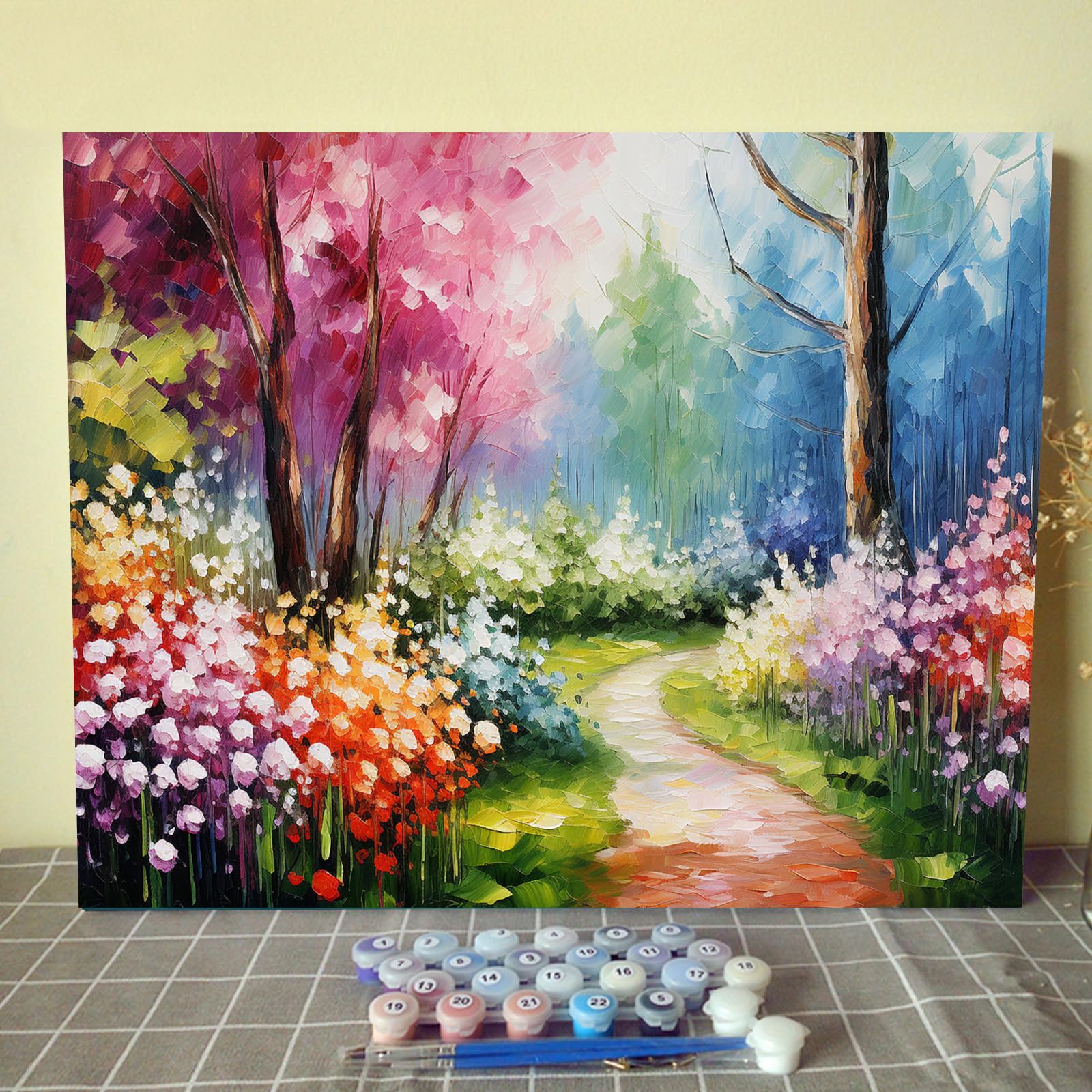 Tucocoo Spring Garden Flowers Paint by Numbers Kits with Brushes and Acrylic Pigment on Canvas Painting for Adults, Colorful Sidewalk Scenes Pictures for Home Wall Decor Gifts 16''x20'' (DIY Framed)