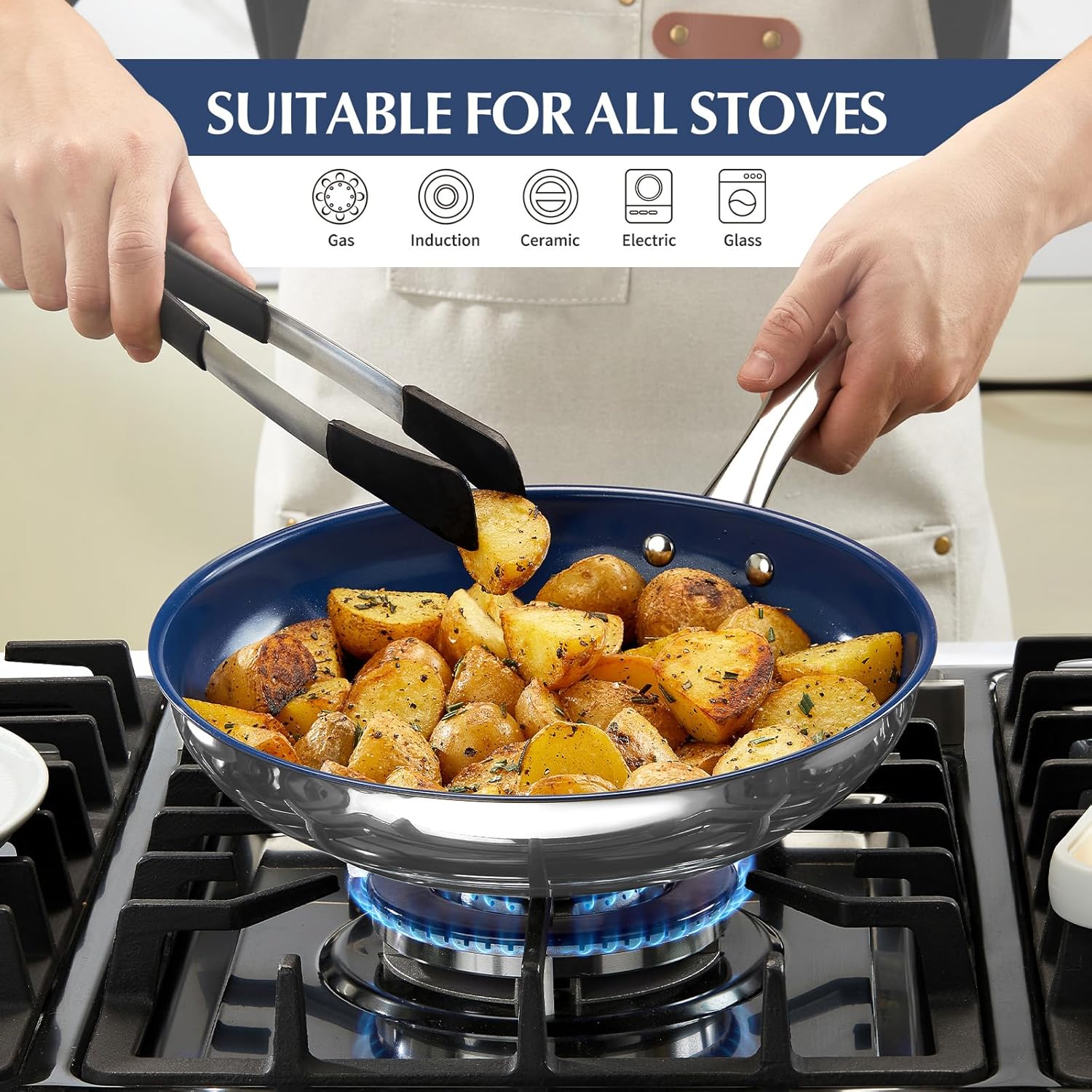 KOCH SYSTEME CS Stainless Steel Frying Pan with Lid, 12 Inch Pan with Nonstick Blue Ceramic Coating, Nonstick Skillet, Induction Compatible