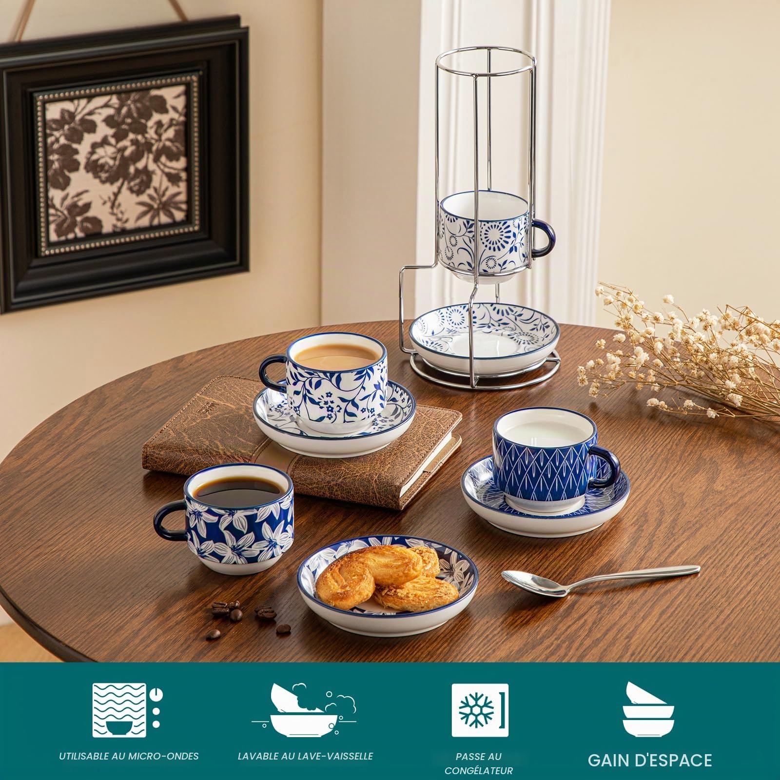 vancasso SELENE Tasses à Café Espresso avec Soucoupe - 4 x 150 ml - Mug en Porcelaine et Support pour Thé, Café, Cappuccino - Résistants au Lave-vaisselle et au Micro-ondes - Bleu et Blanc Vintage