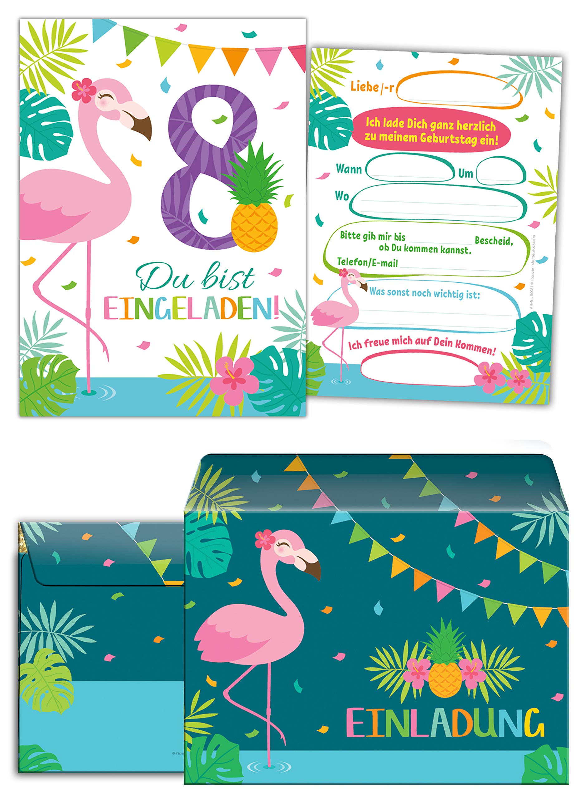 14-teiliges Geburtstags-Set Flamingo – Einladungen, Tüten, Aufkleber & Mehr