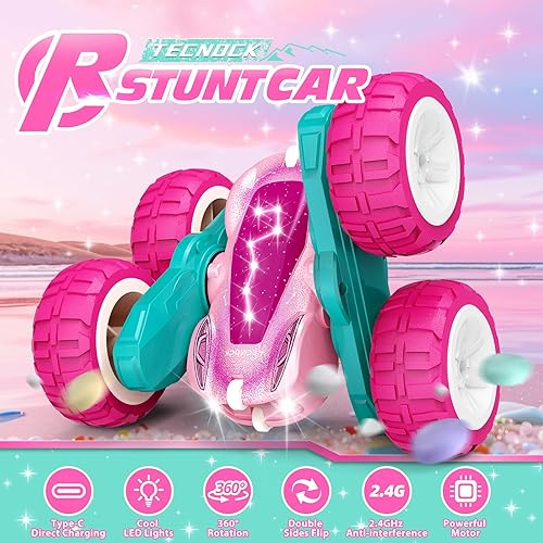 Miniatura 2 de Tecnock Auto de control remoto rosa para niñas y niños, autos RC de 2.4 GHz con USB-C de fácil carga, 4WD de doble cara gira y voltea el auto de