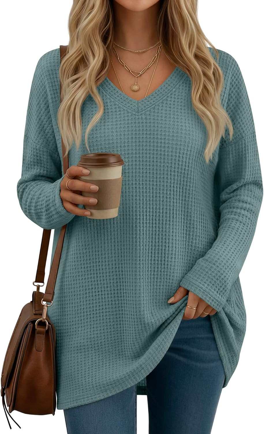 Women's Waffle Long Sleeve Tops, Oversized V Neck Knit Shirts Casual Fall Pullover Sweaters Loose Fit Tunic Tshirts