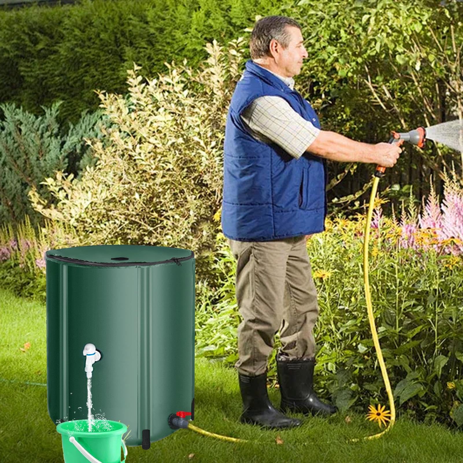 Faltbarer Regenbehälter, Wasserfilter-Zapfhahn, Gartenwasserspeicher | Regenwasser-Überlaufsystem, tragbares Regentonne, PVC-Regensammler mit Filter für Garten, 78 x 40 cm