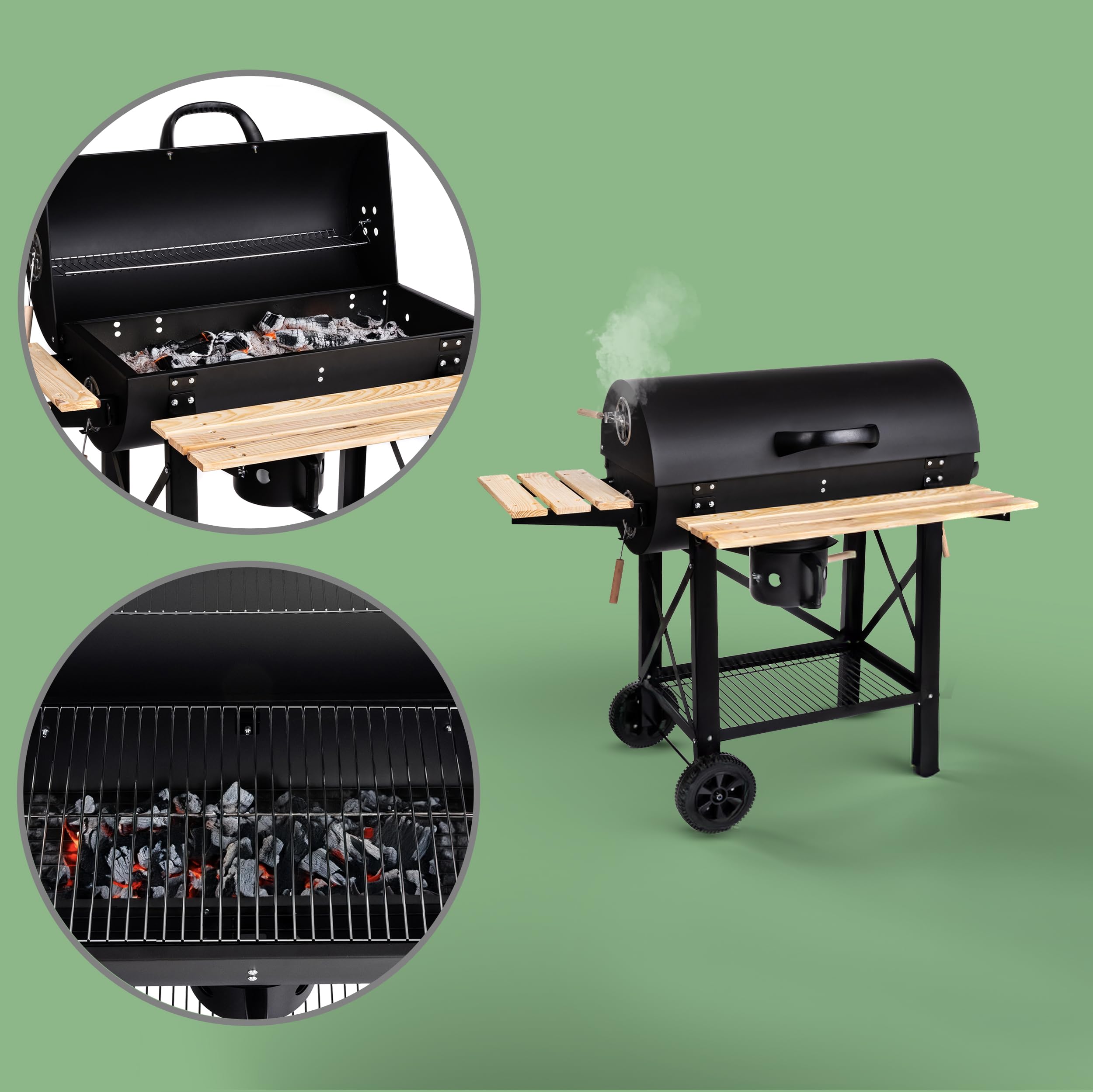 LEHMANN Barbecue a Carbonella con Griglia XL, Carrello Grill con Due Ripiani in Legno