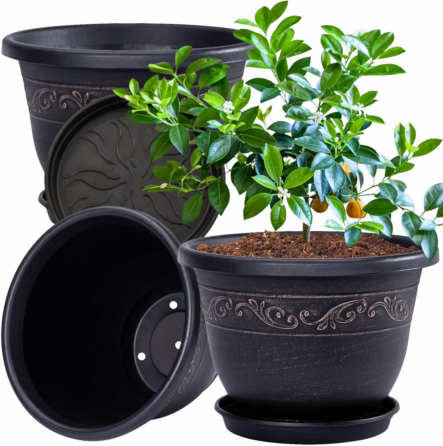 QCQHDU 12 inch Retro Plant Pots, 3 Pack Plastic Planters for Indoor & Outdoor Plants Flower Pot with Drainage Hole and Saucer
