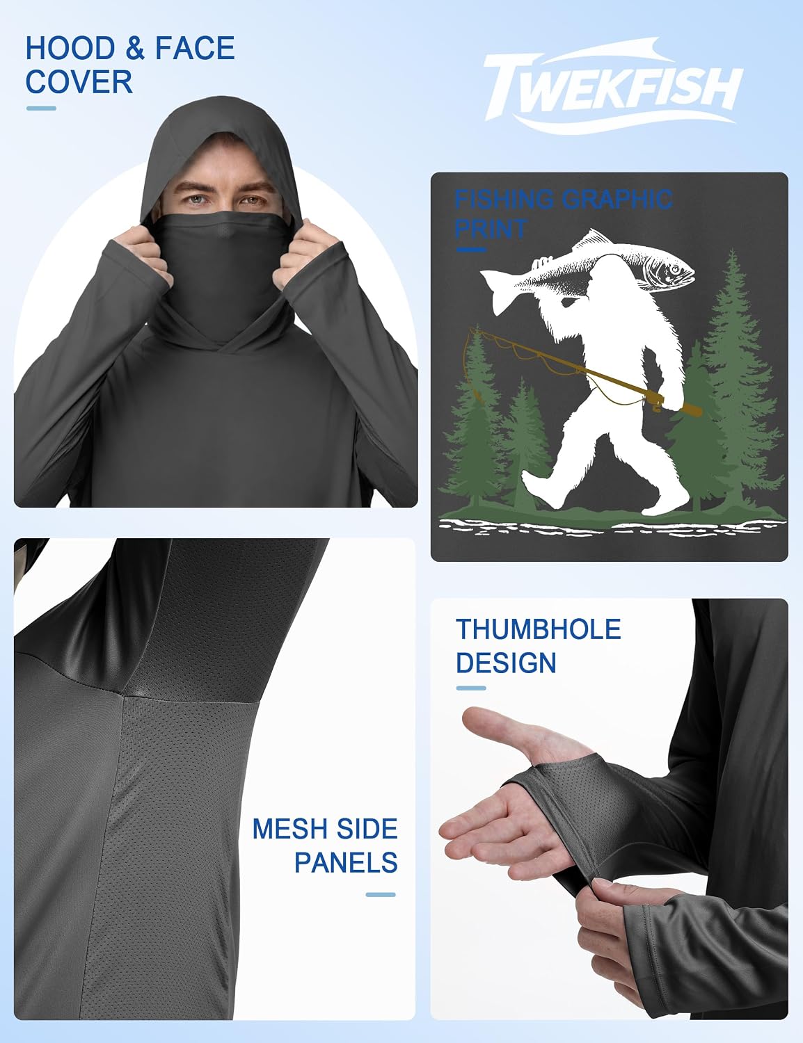 Men's UPF 50+ Fishing Hoodie, Long Sleeve UV Protection Sun Shirt with Hood Mask, Hooded Graphic Shirts for Outdoor image 4