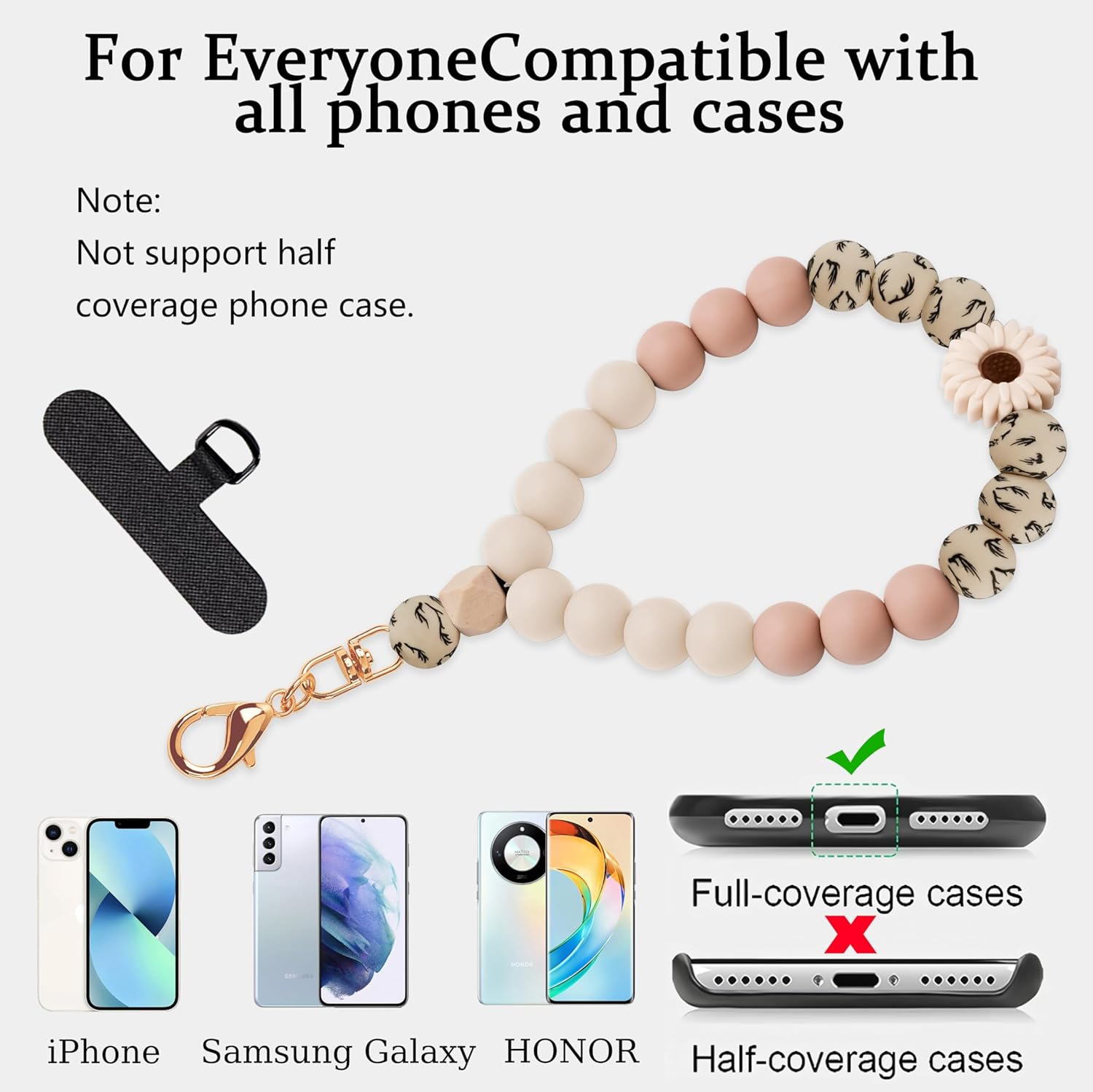 Silicone Beaded Phone Wrist Strap,phone bracelet strap with Tether Tab,Elastic Hands-Free wristlet strap (Khaki Daisy) - Image 6