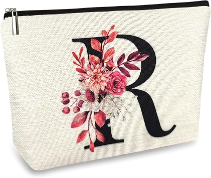 Initial A-Z Personalized Floral Makeup Bag, Monogrammed Birthday Gifts for Women Mom, Mothers Day Christmas Gift Ideas for Best Friend, Bride Bridesmaid, Her, Grandma, Small Travel Cosmetic Bag R
