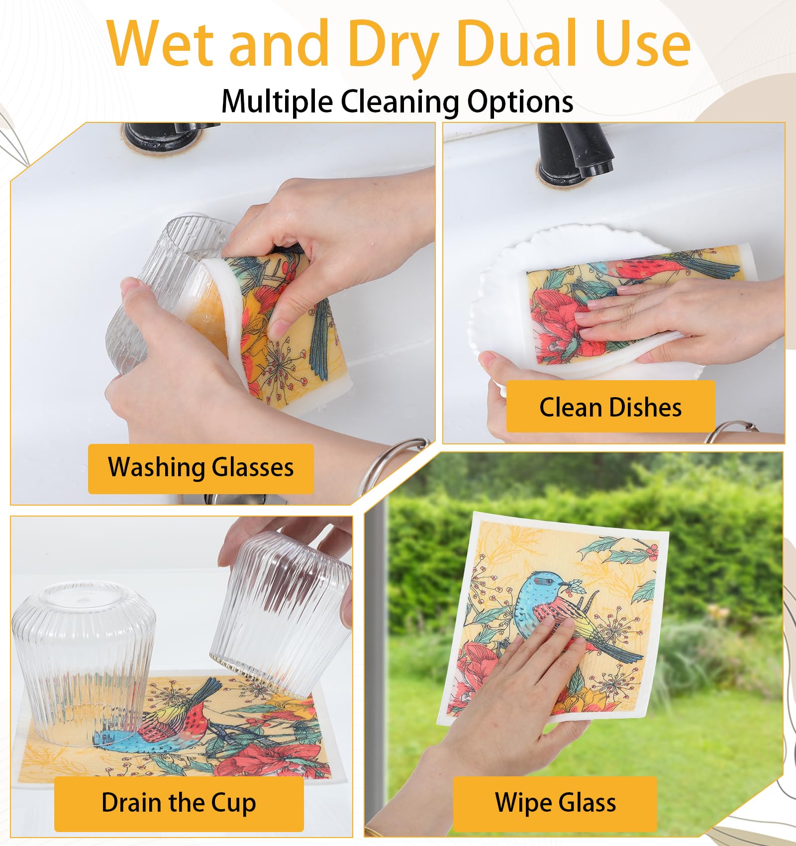 6PCS Swedish Cloths for Kitchen, Floral Reusable Swedish Dish Cloths for Kitchen, Absorbent Quick Drying Papaya Paper Towels for Cleaning Countertop Sink Dishes