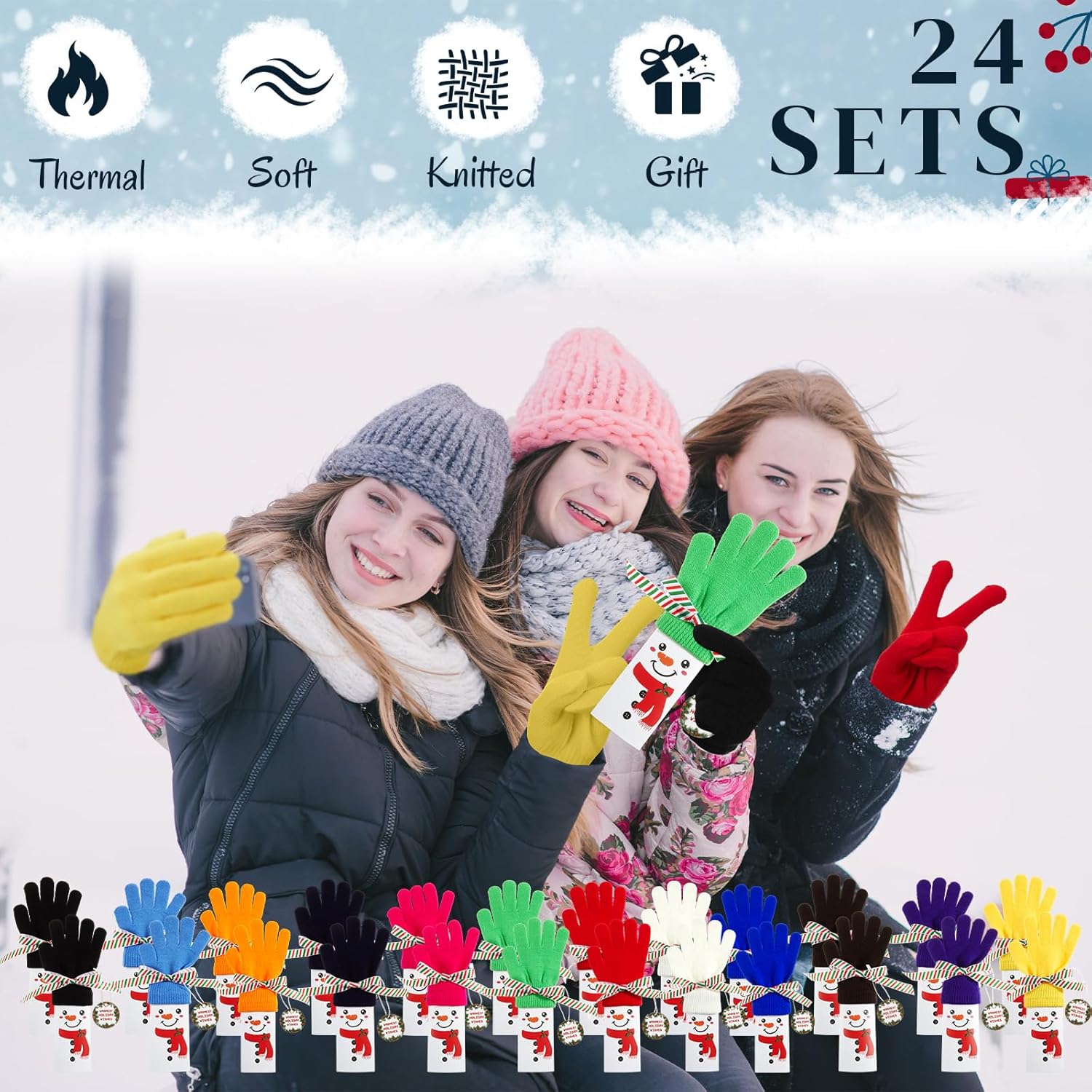 Cuffbow 24 Sets Winter Gloves Chocolate Bar Wrapper Hang Tags Ribbon Snowman Candy Bar Wrapper Kit Snowman Gift Warm Gloves Bulk Candy Wrappers for Christmas Favor No Chocolate(Multicolor)