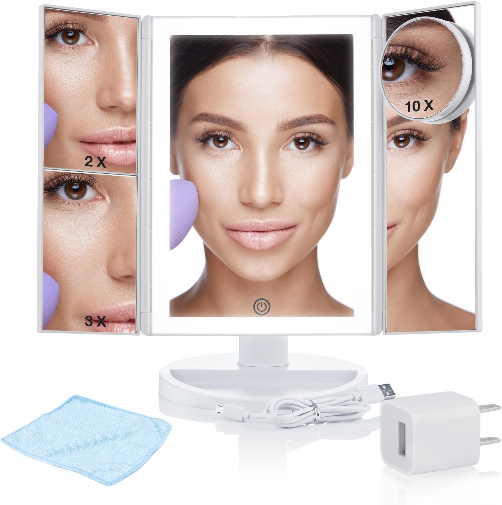 WONDER MIRROR 2019 Led Lighted Trifold Makeup Mirror w/Built-in Air-Vitamin Anion Generator for Ionic Conditioning + Big 10x Magnification Mirror w/Suction-Cups + Charger w/Long 7 ft Cord