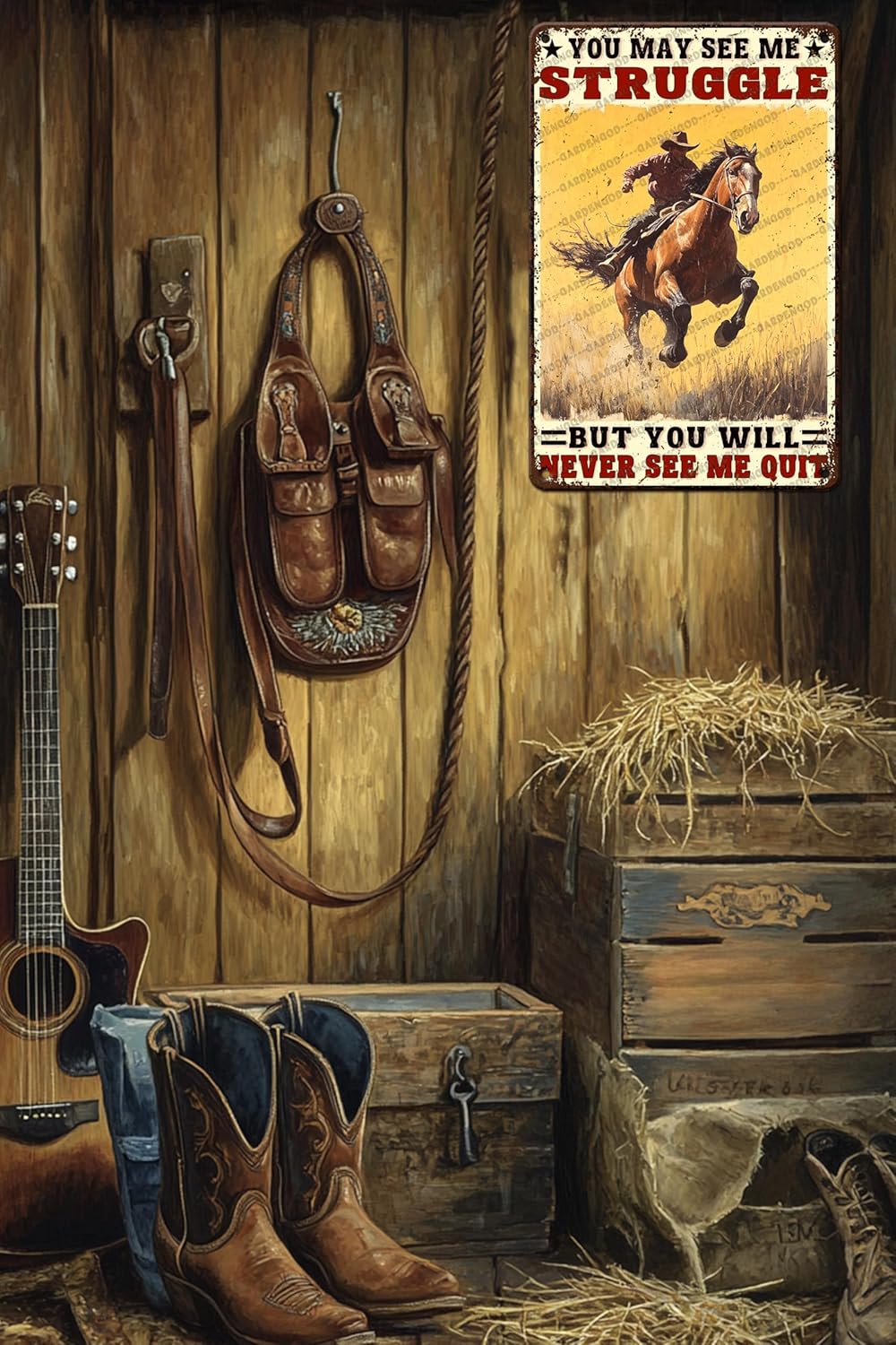 Vintage Cowboy Metal Sign Cowboy You May See Me Struggle But You Will Never See Me Quit Metal Poster Home Garden Bar Pub Aluminium Sign Art Wall Decor 16x12 Inch