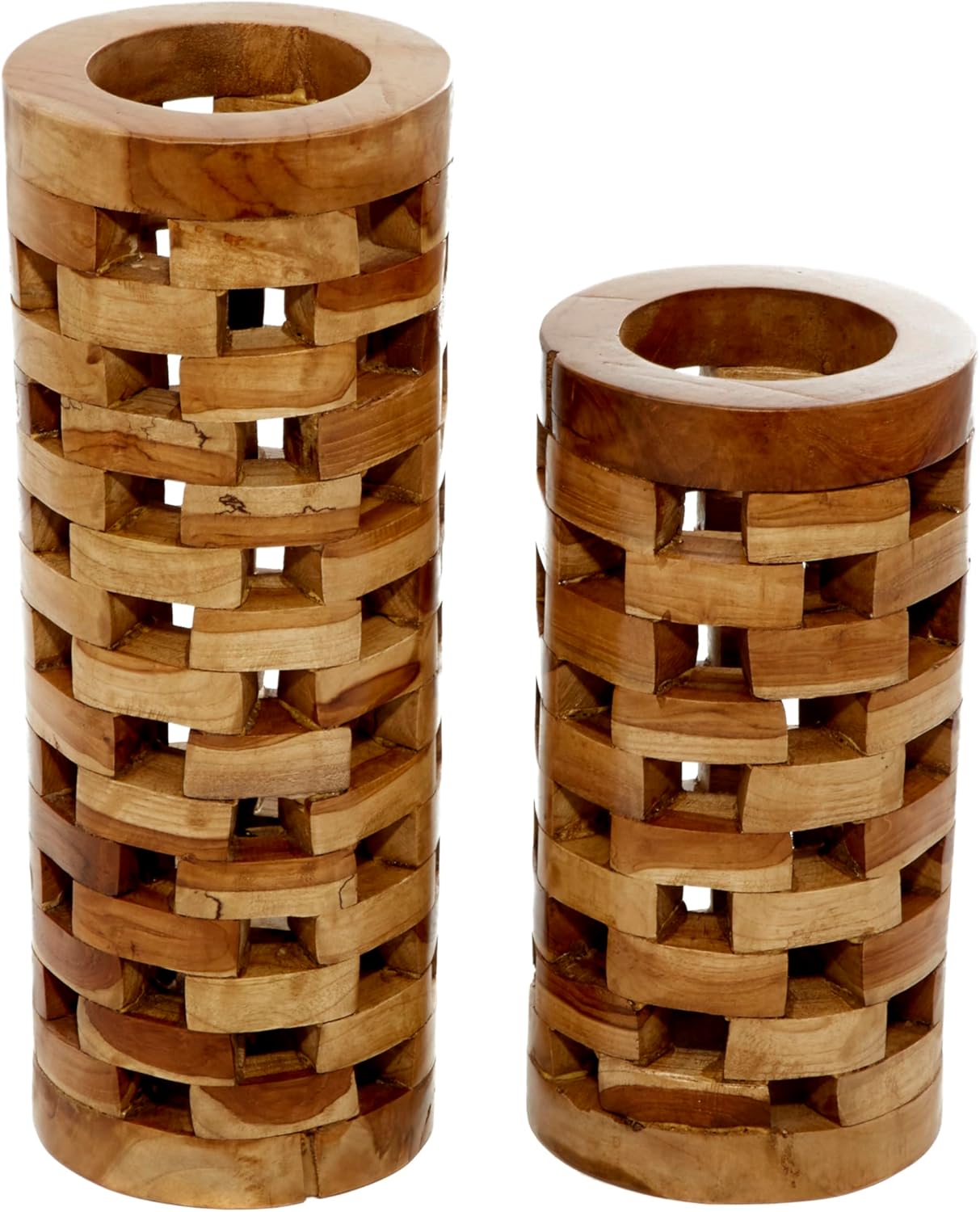 Deco 79 Teak Wood Handmade Decorative Vase Centerpiece Vases with Cut Out Patterns, Set of 2 Vases for Home Decoration 16", 12" H, Brown