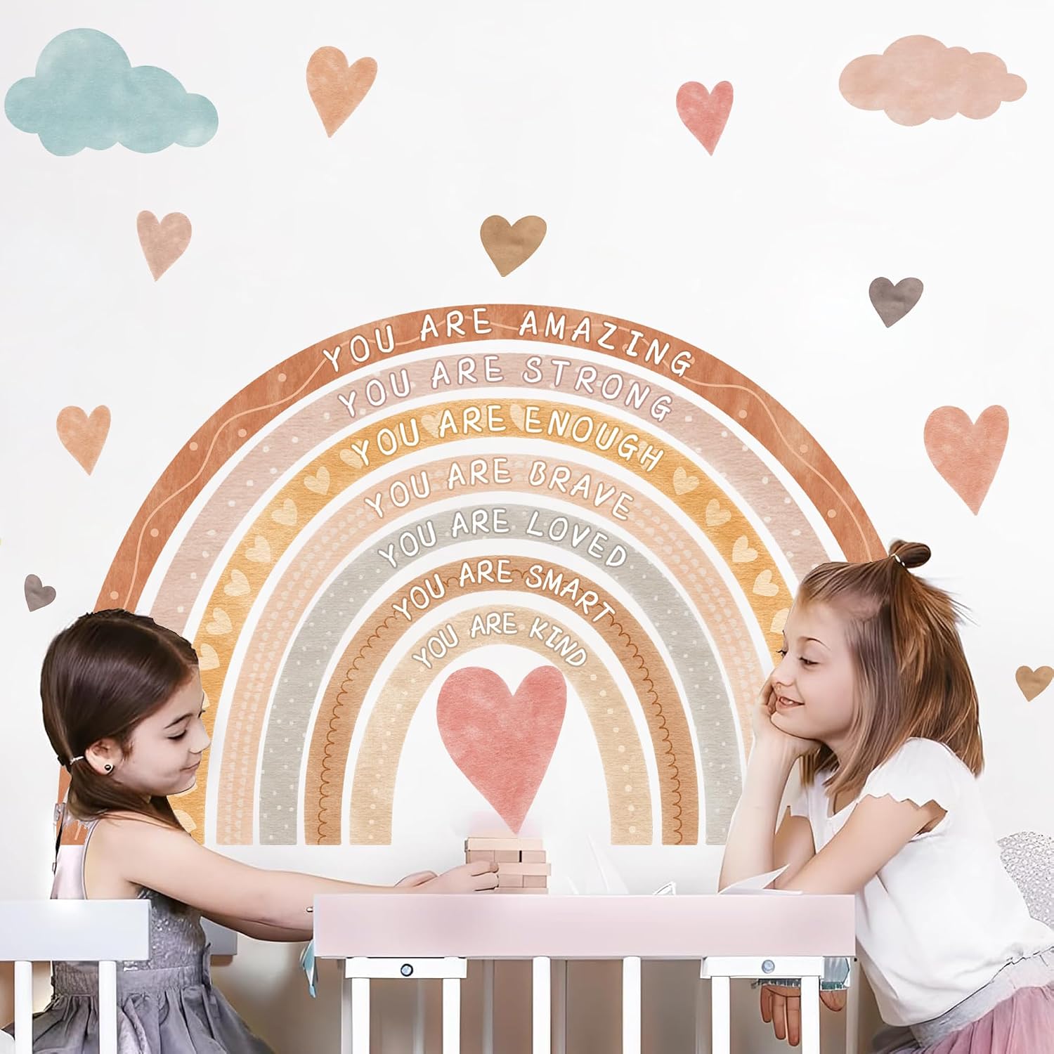 Large Rainbow Decor Wall Decals Boho Inspirational Stickers for Girls Room | Peel and stick, postive removable vinyl mural, self adhesive, motivational quote, for nursery playroom classroom baby bedroom