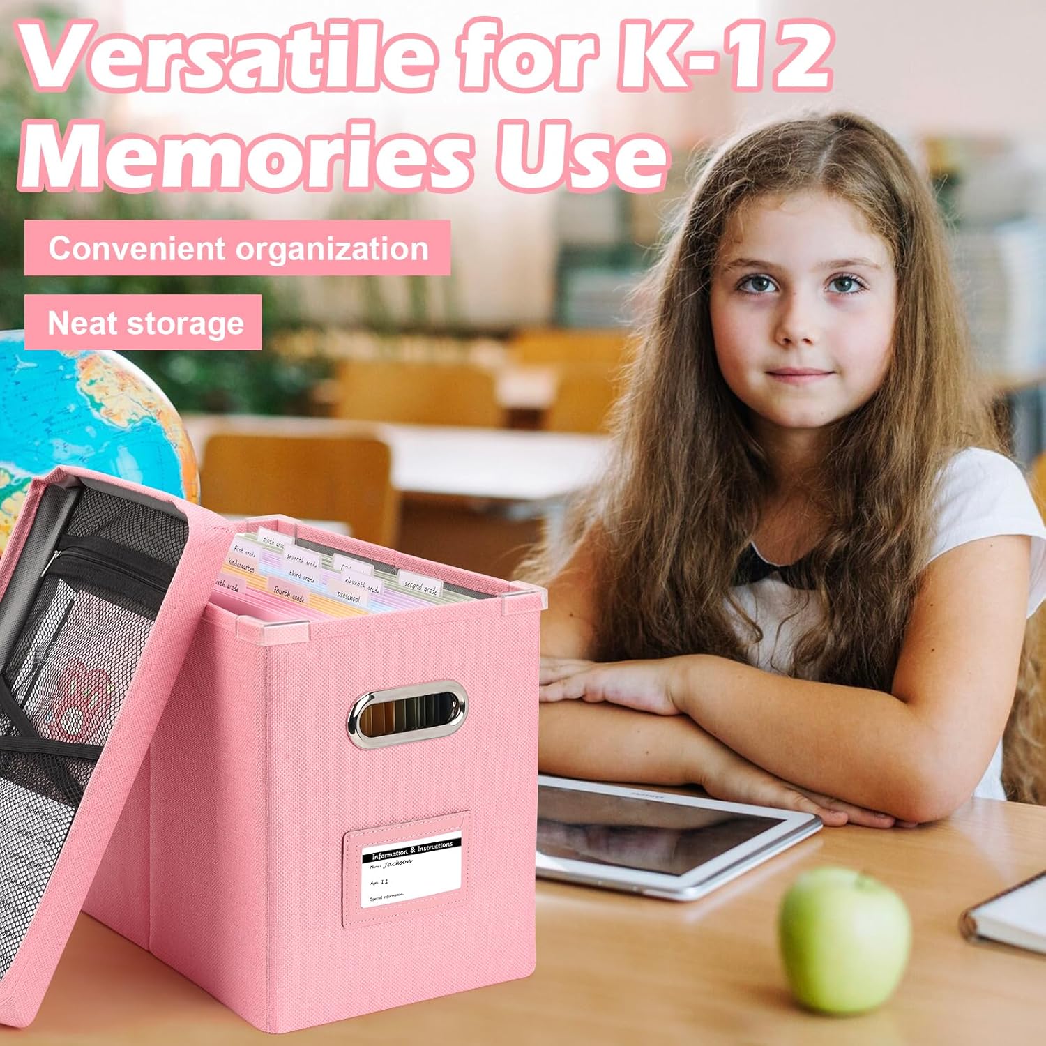 DOSTATNI School Years Organizer Kit K-12 School Years Memory Keeper with 15 Hanging File Folders Plastic 4 different Labels Memory Keepsake Box for kids Storage Pictures File Keeper (Pink)