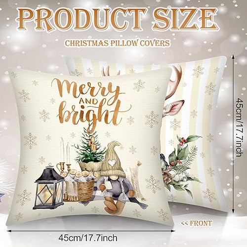 Miniatura 8 de 12 fundas de almohada decorativas de Navidad de 18 x 18 pulgadas, diseño de rayas de Papá Noel, muñeco de nieve, copo de nieve, feliz árbol de