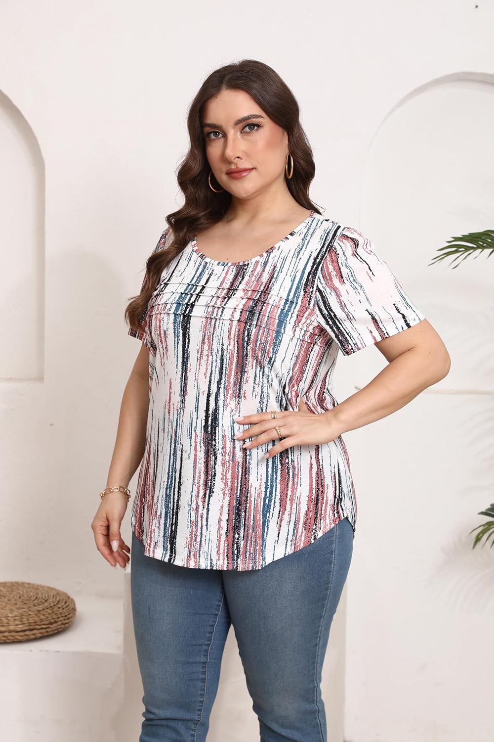 HBEYYTO Womens Plus Size Summer Tops Short Sleeve Pleated T Shirts Casual Scooped Neck Flowy Loose Floral Blouses 1X-5X - Image 2