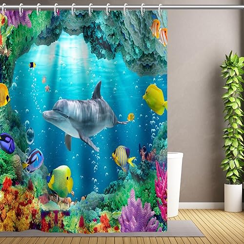 Miniatura 15 de Yeele Cortina de ducha azul para baño, diseño de animales marinos, impermeable, de poliéster, con ganchos, 48 x 72 pulgadas Fish-b