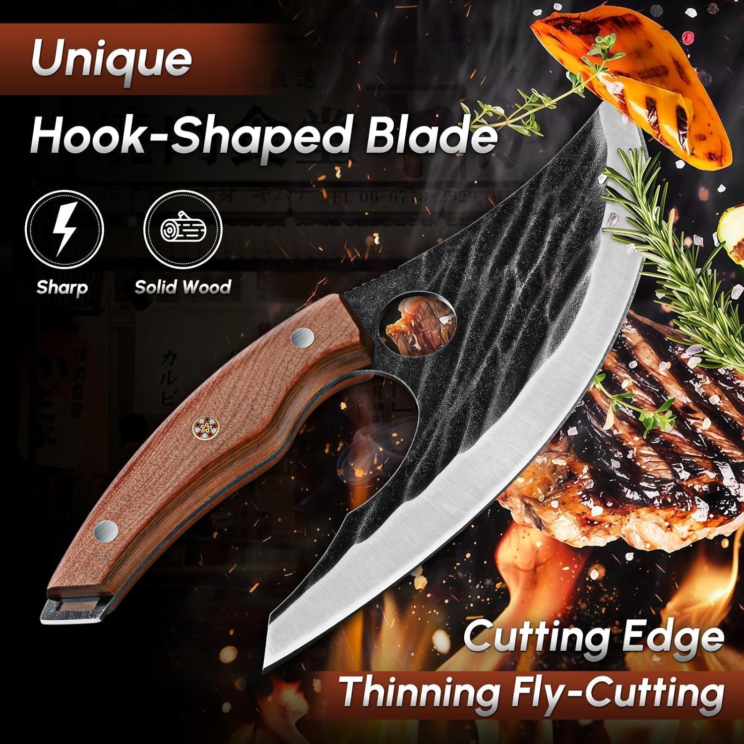 Huusk Japan Ulu Knife with Sheath - Christmas Gift for Men and Women - Hand Forged Caveman Ultimo Knife with Full Tang Wooden Handle - BBQ Knives for Vegetables, Fruit, Pizza - Image 3