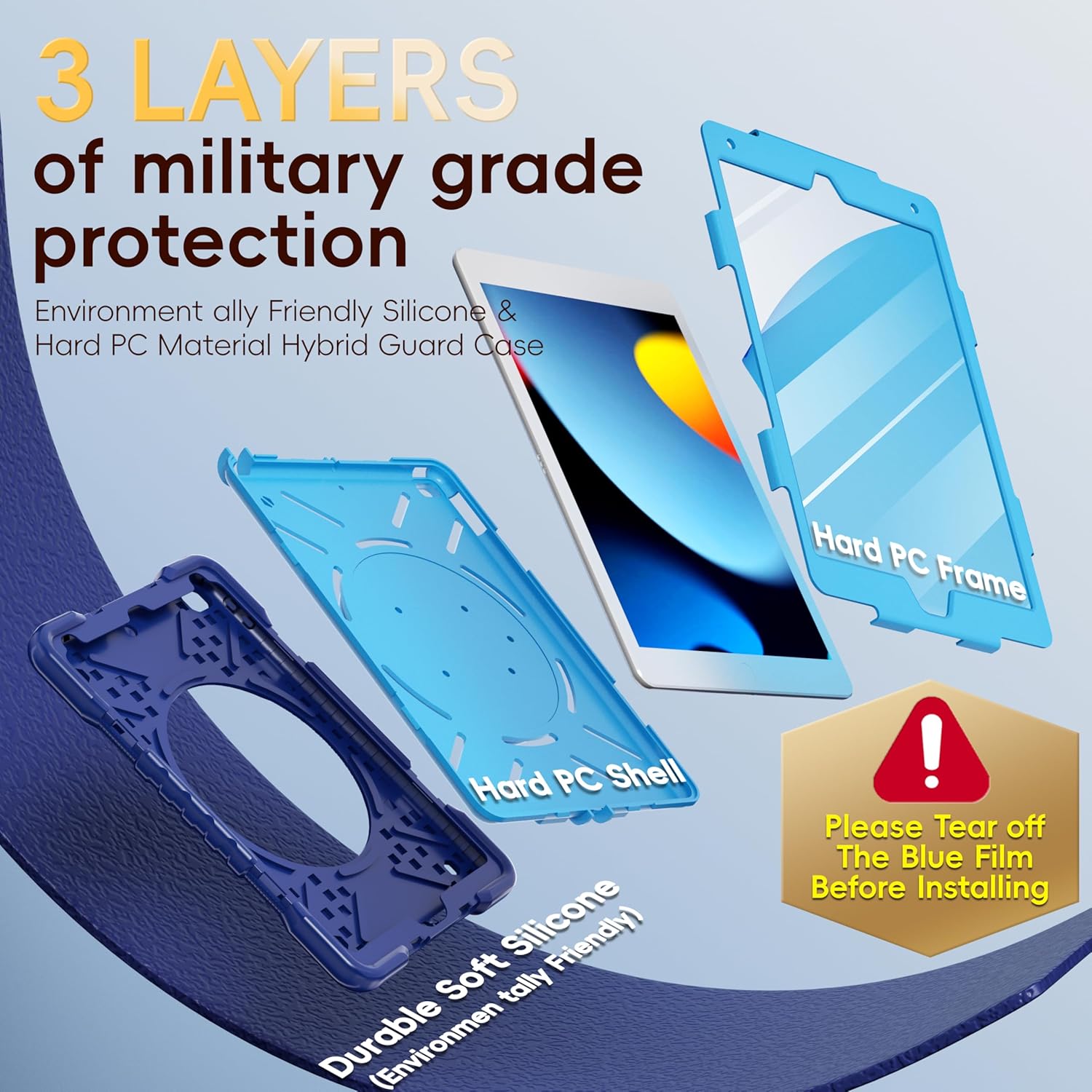 Case for iPad 9th/8th/7th Generation 10.2 inch, Shockproof Cover with Screen Protector/360° Rotate Stand/Pencil Holder/Shoulder Strap, Kids Case for iPad 2021/2020/2019 (Navy+Blue)