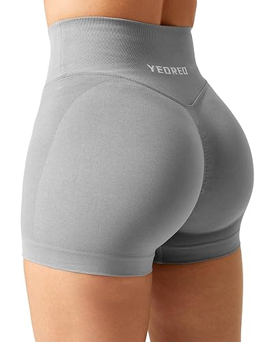 YEOREO Scrunch Butt Workout Shorts Women 3.5" Seamless V Cross Waist Sport Gym Amplify Shorts - Light Grey - X-Large