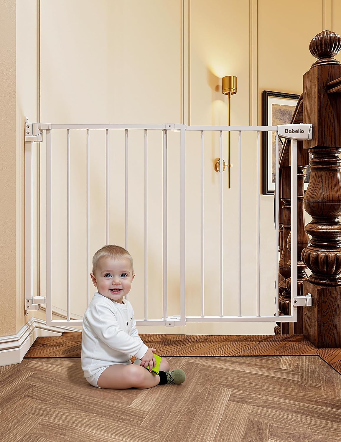 Babelio 29.7-46.5" No Bottom Bar Baby/Dog Gate for Stairs, House and Doorways, Auto Close Safety Pet Gates with Large Walk Thru Door, Hardware Mount, White Boundless - White 29.7-46.5"W x 28"H