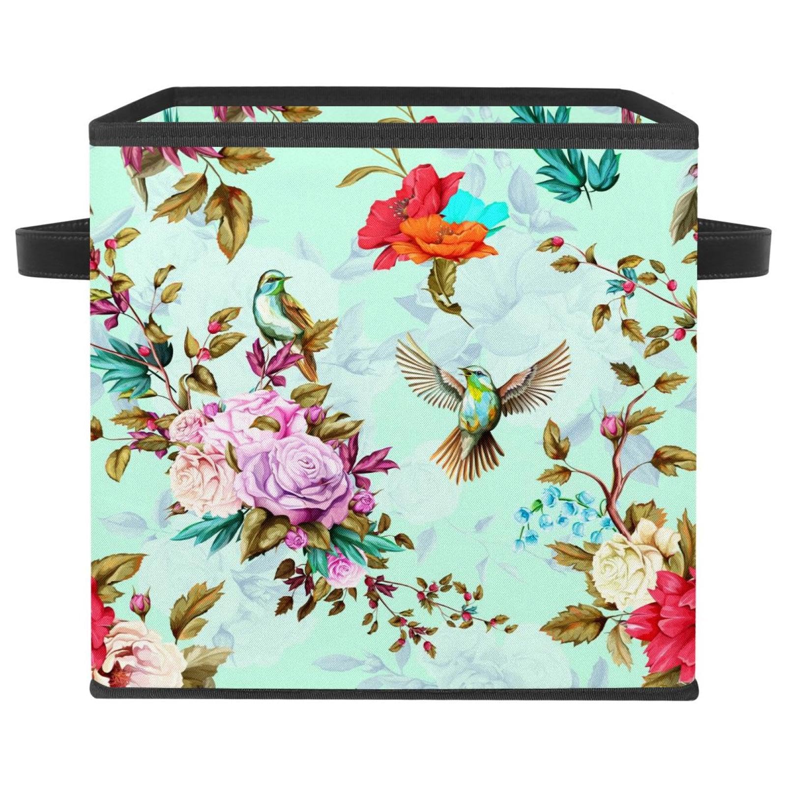 Boîte de rangement cube haut de gamme motif oiseaux et roses avec poignées