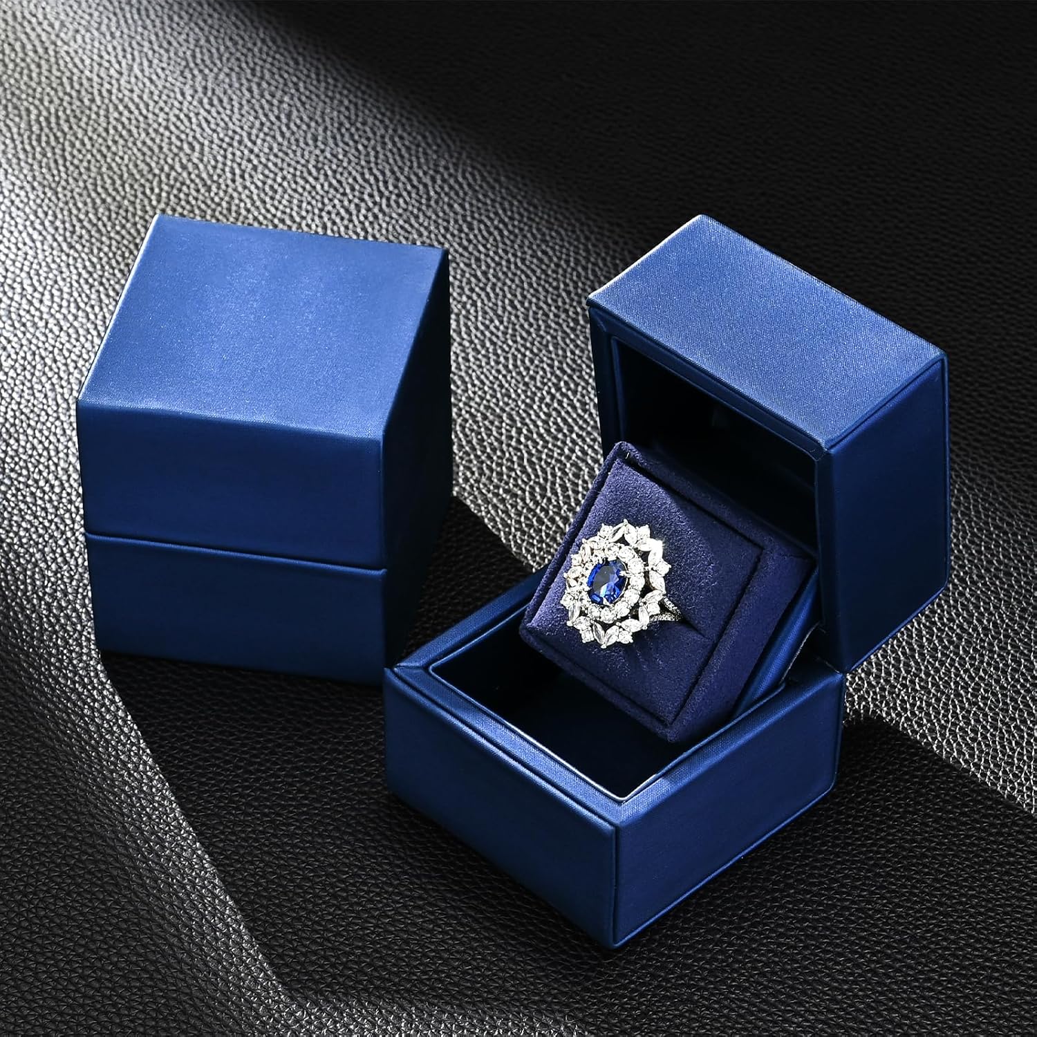 Oirlv Blue Leather Ring Box Engagement Proposal Ring Box Velvet Jewelry Case Small (Single Slot)