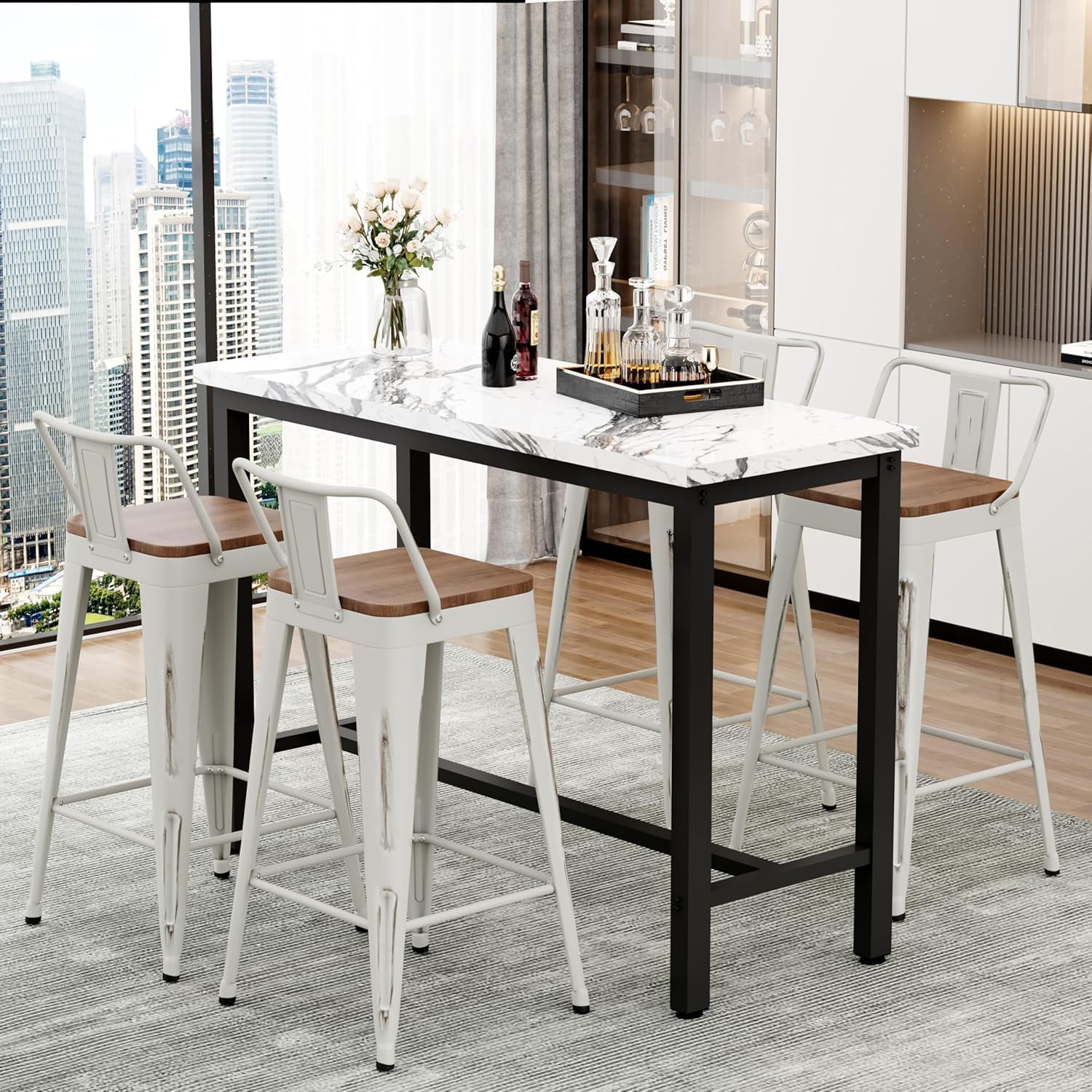Bar Stools Set of 4 with Back,Arlunar Counter Height Bar Stools Industrial Metal Barstools with Removable Back 24" Kitchen Bar Stools with Wooden Seat
