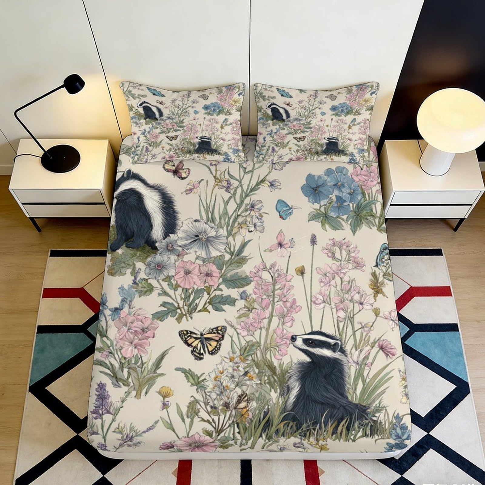 3D Printed Wildflower Meadow Fitted Sheet Microfiber Soft Bed Cover with Badger Butterfly Art for Bedroom Decor 90x200x25cm