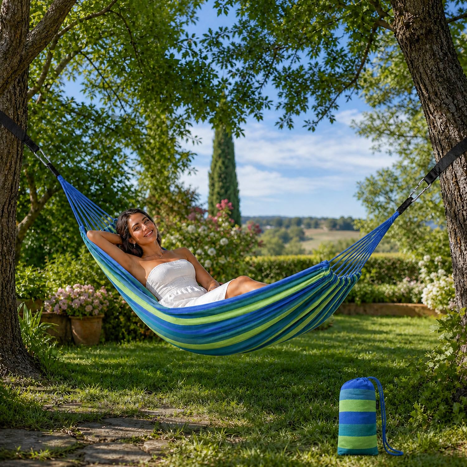 Amaca Da Campeggio E Giardino Con Sacca Trasporto Cinghie E Moschettoni Inclusi Struttura Anti Ribaltamento Cotone Resistente Portata 300 Kg 210 x 150 Cm Blu