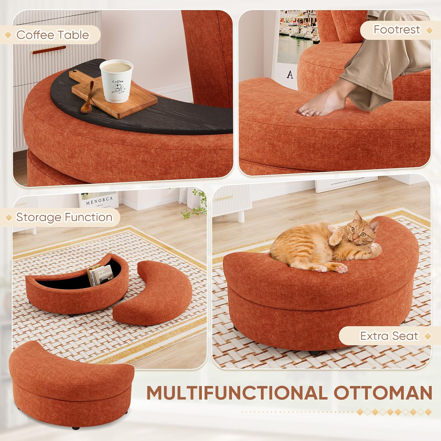 Oversized Swivel Accent Chair with Half Moon Storage Ottoman, 42" W Chenille Round Swivel Barrel Chair, Modern Upholstered Comfy Single Sofa Armchair for Living Room, Bedroom, Club(Orange)