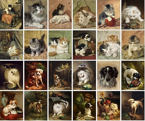 Miniatura 2 de Calcomanías grandes (24 piezas de 2.5 x 3.5 pulgadas) gatitos y cachorros, pintura de museo antiguo, arte retro, reimpresión