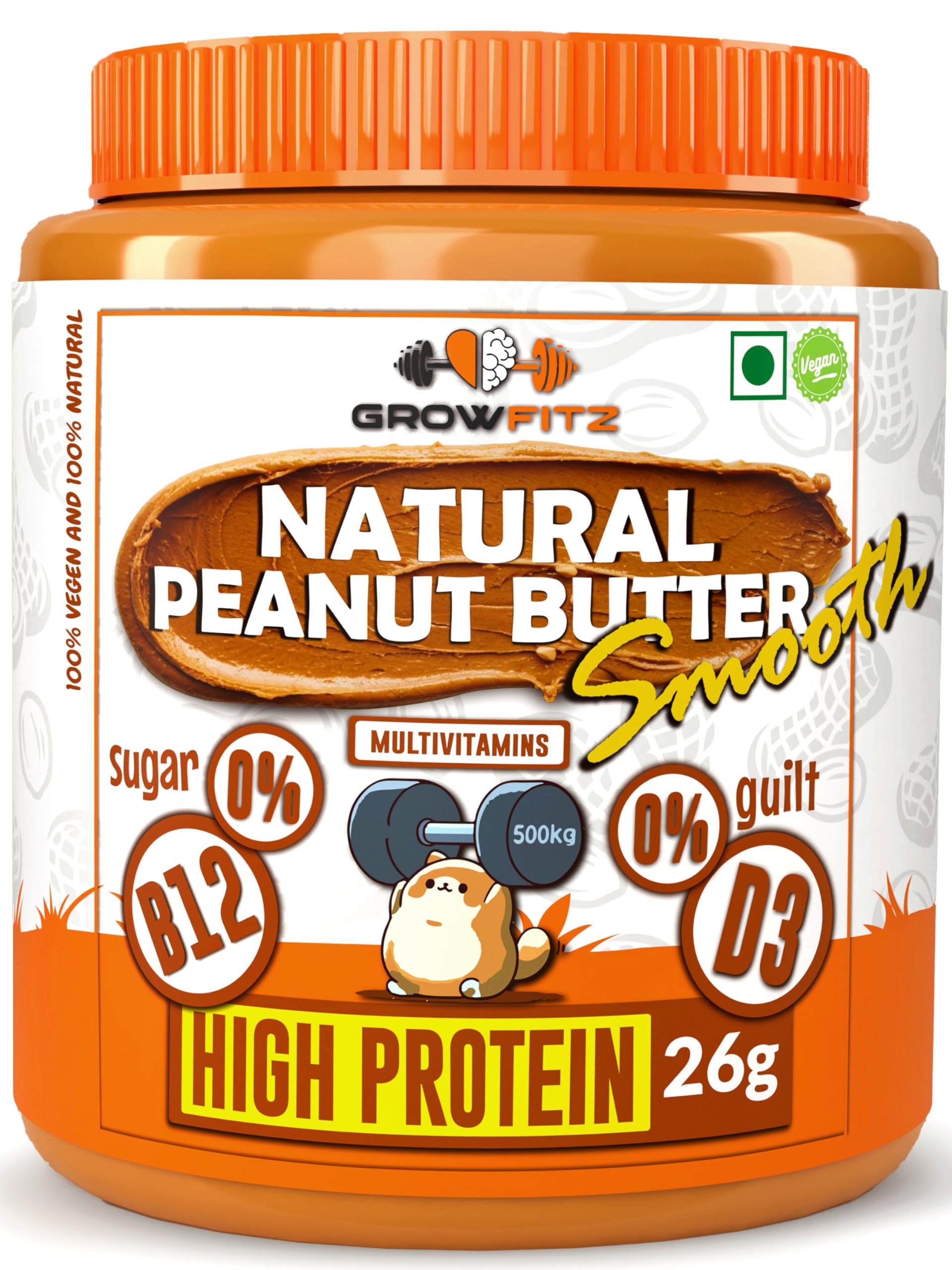 Growfitz Natural Peanut Butter Smooth 800g | 26g High Protein | Unsweetened, 100% Roasted Peanuts | Nut Butter Spread for Workout | No Sugar, No Palm Oil, Gluten & Cholesterol Free (Pack of 1)