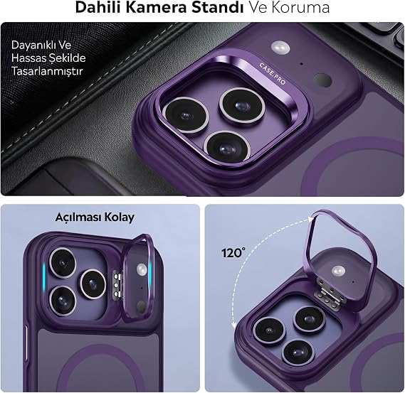 Babilden iPhone 17 Pro İçin Kılıf Kamera Korumalı Magsafe İle Uyumlu Kablosuz Şarj Özellikli Mat Şeffaf Renkli Standlı Lens Hediyeli Telefon Kılıfı (Mor)