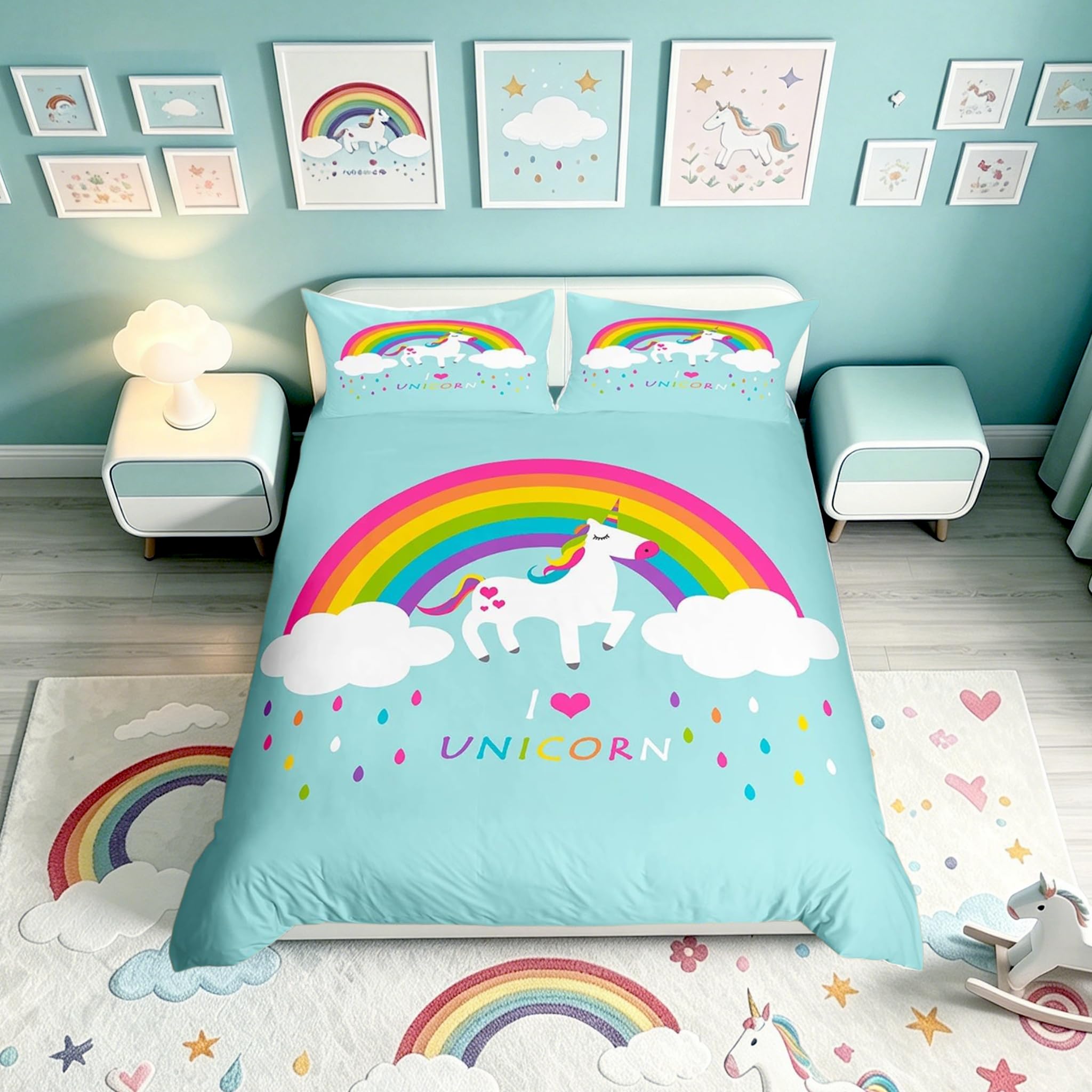 Homemissing Rainbow Unicorn Duvet Cover Set Cot Size For Kids Boys Girls Teens Cartoon Unicorn Bedding Set Cute Animal Print Duvet Cover with 1 Pillowcase โ image 1