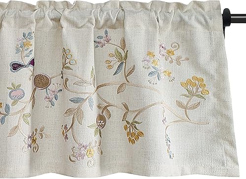 VOGOL Cenefas de cocina con patrón bordado floral para ventanas, cenefa de cortinas de lino con bolsillo para barra para sala de estar, 52 pulgadas