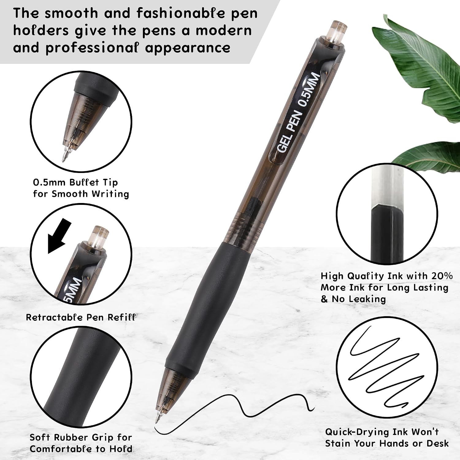 USUAL Gel Pens,8 Pack Retractable Black Ink Pen，0.5 mmFine Point image 2