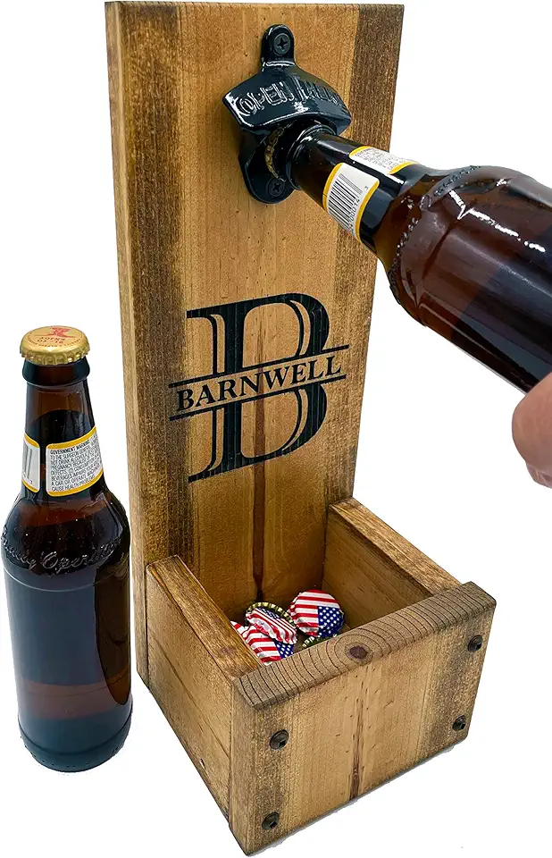 Personalized Laser Engraved Bottle Opener with Dropbox Cap Catcher - Wall Mount/Freestanding