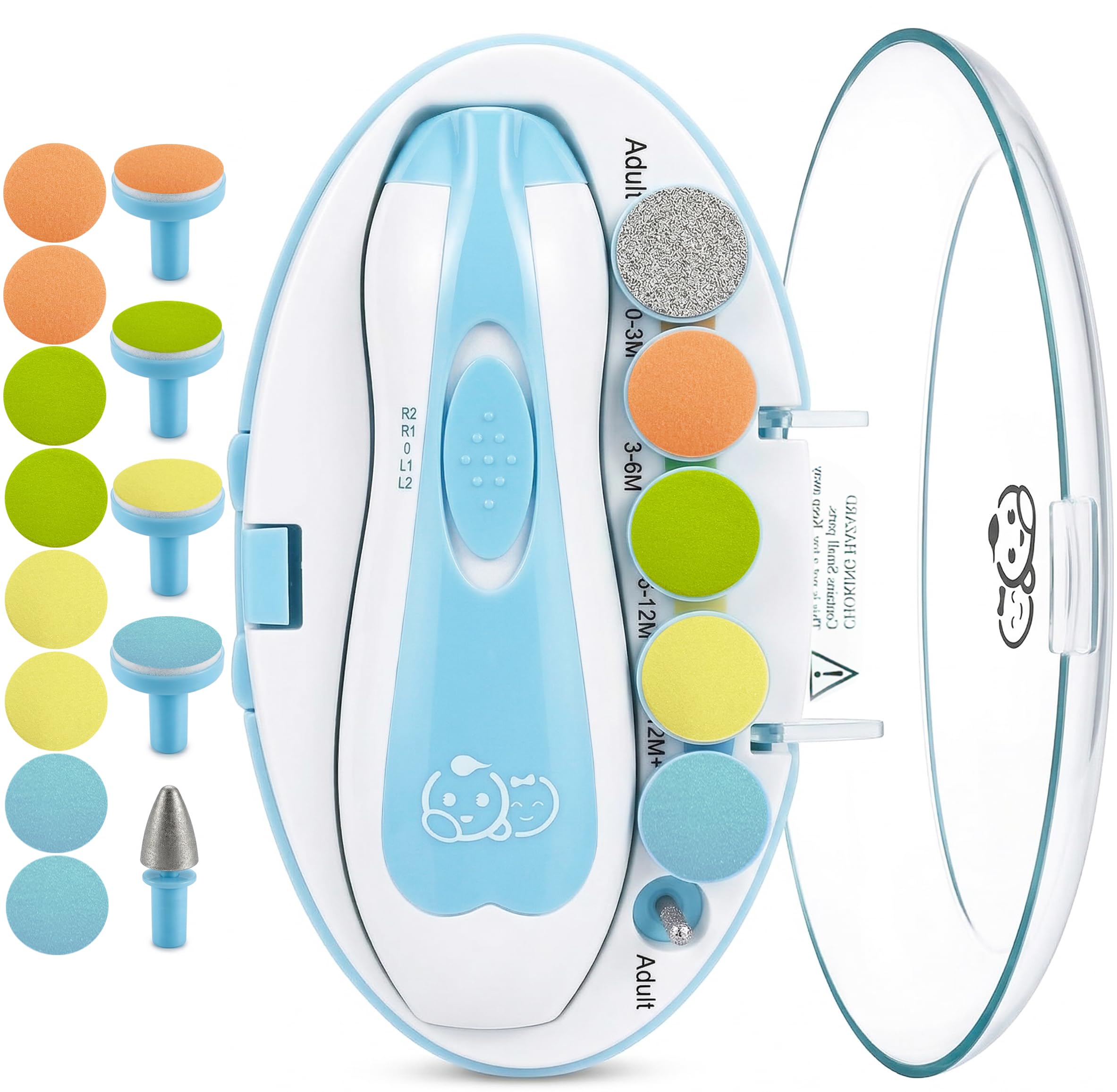 Royal Angels Tagliaunghie Elettrico Neonati 21 in 1, Kit Lima Unghie Bambini con Custodia Etichettata, 13 Testine di Ricambio, Motore Silenzioso e Luce LED (Blu)
