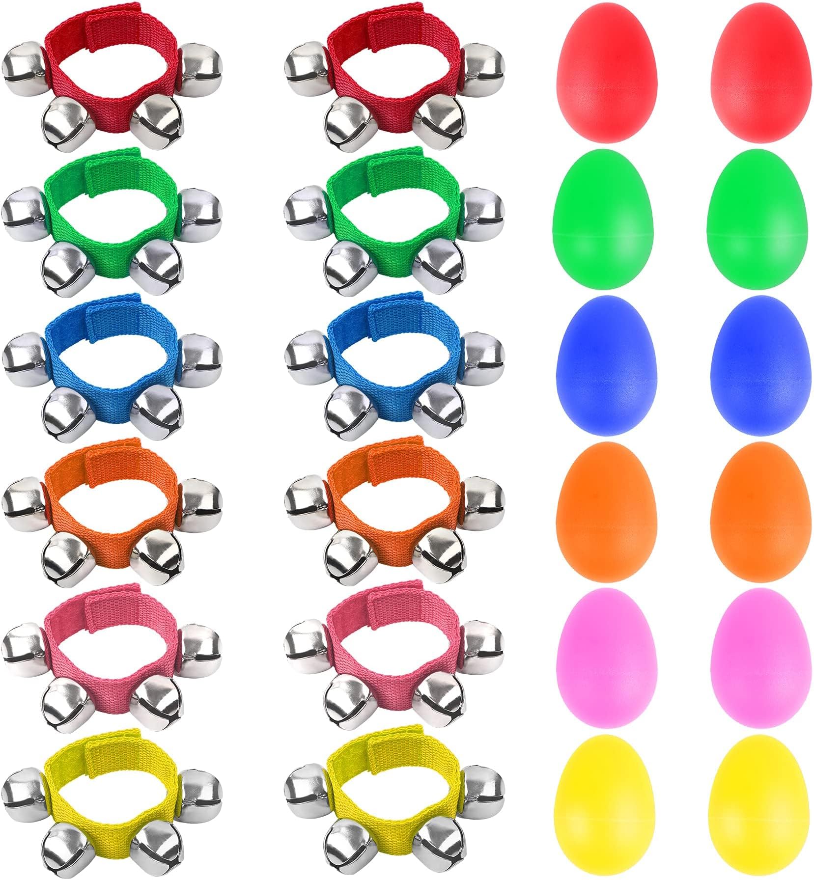 Augshy 24 Packs Shaker Musical Instruments for Kids, 12 Packs Egg Shaker and 12 Packs Wrist Hand Band Jingle Bells