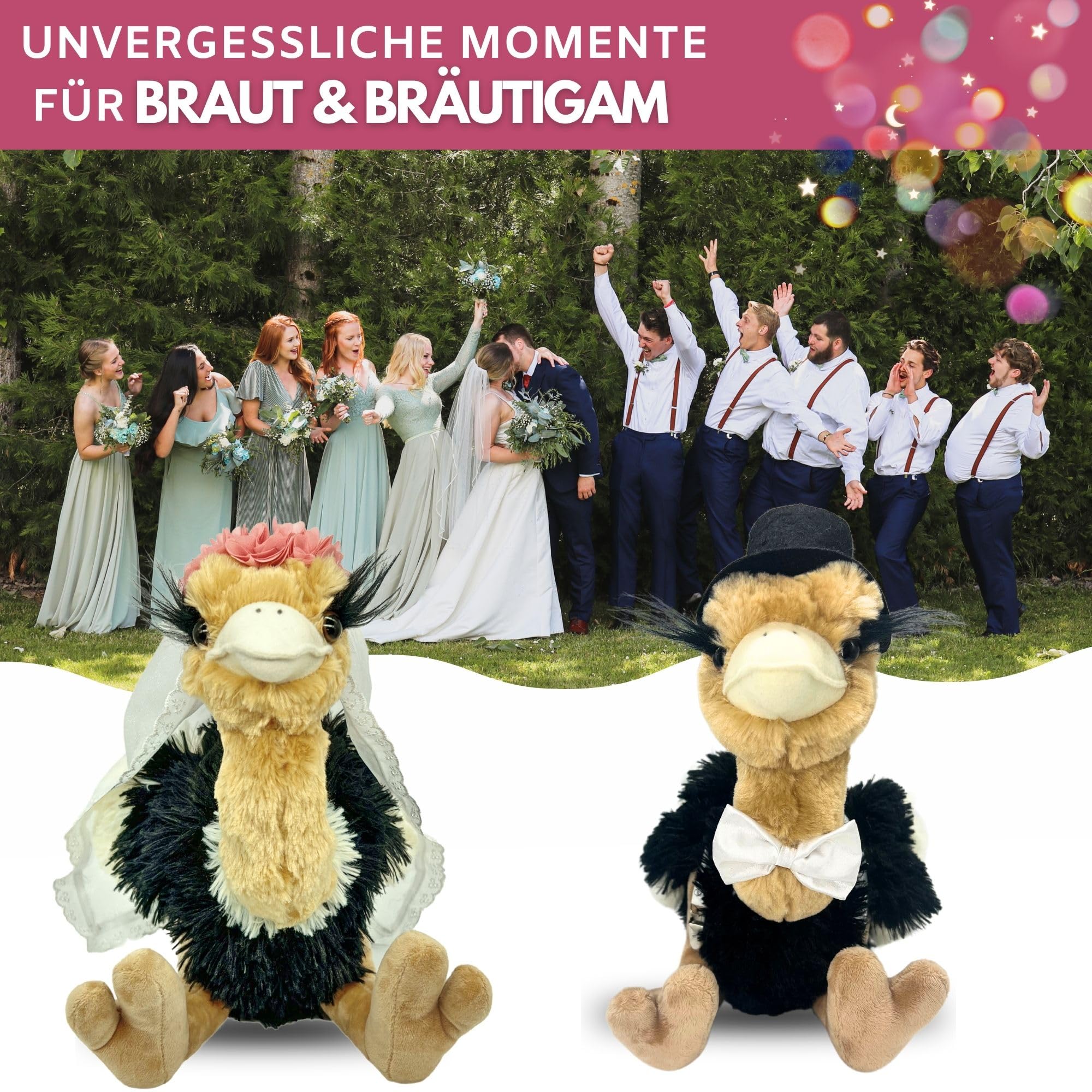 hM - Hochzeitspaar Premium 38cm – Wurfstrauß Plüschtier - Vogel Strauß Kuscheltiere - Wurfstrauss für die Hochzeit oder als Braut und Junggesellinnen Geschenk - JGA oder Hochzeitsgeschenk
