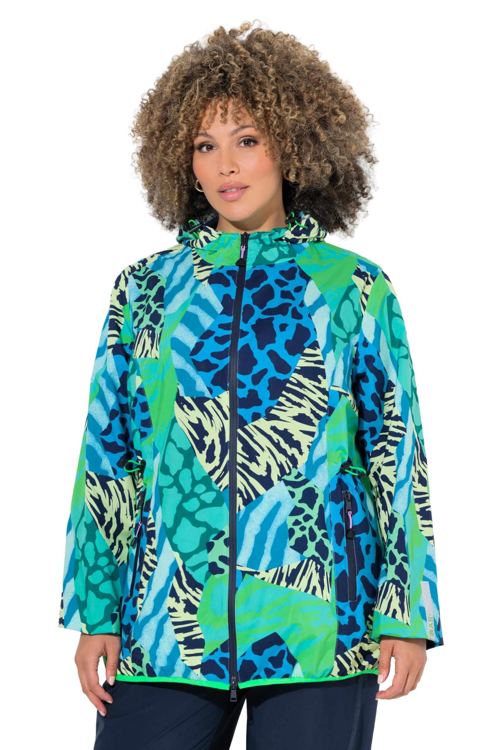Ulla Popken Damen große Größen Übergrößen Plus Size Funktions-Regenjacke, Animalmuster, Reflektor, Packsack 840024