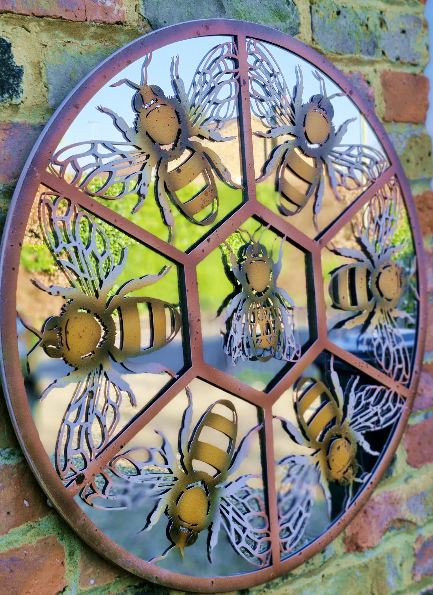 Inspirational Gifting Honeycomb Garden Mirror Home Decor with a rustic metal frame 60cm diameter